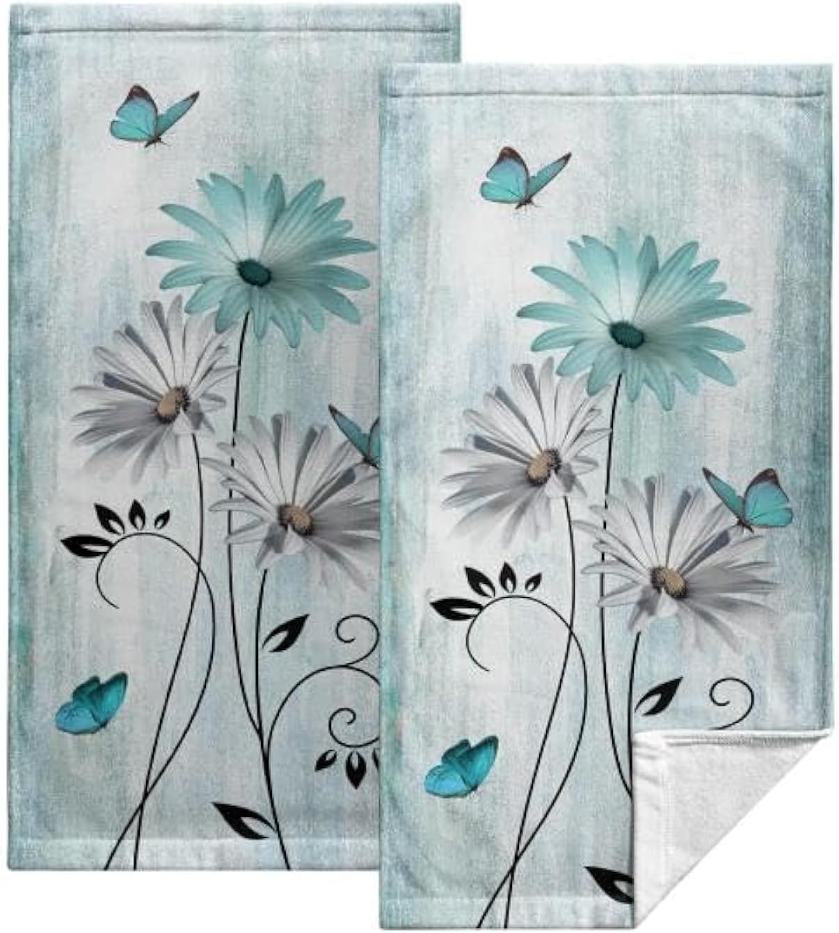 Kwlegh Teal Floral Hand Towels Set of 2 Turquoise Daisy Poppy Flower Butterfly Fingertip Kitchen Towels Rustic Farmhouse Bath Towel Soft Absorbent Cotton Dish Towel for Face,Gym,Spa