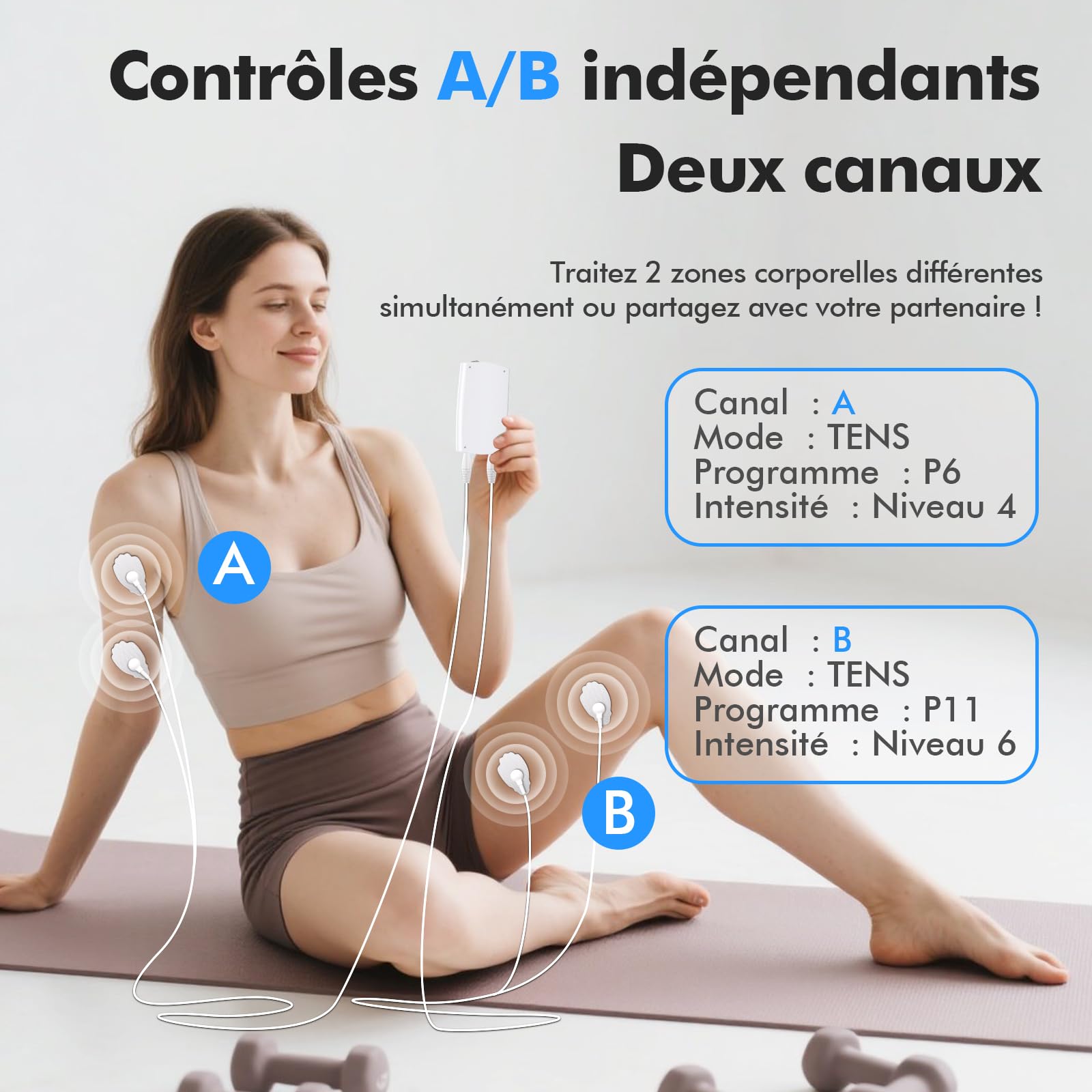 3 EN 1 TENS EMS Électrostimulateur Musculaire pour le soulagement de la douleur, la stimulation musculaire, avec 2 Canaux Indépendant, 36 Programmes de Massage, 10 électrodes