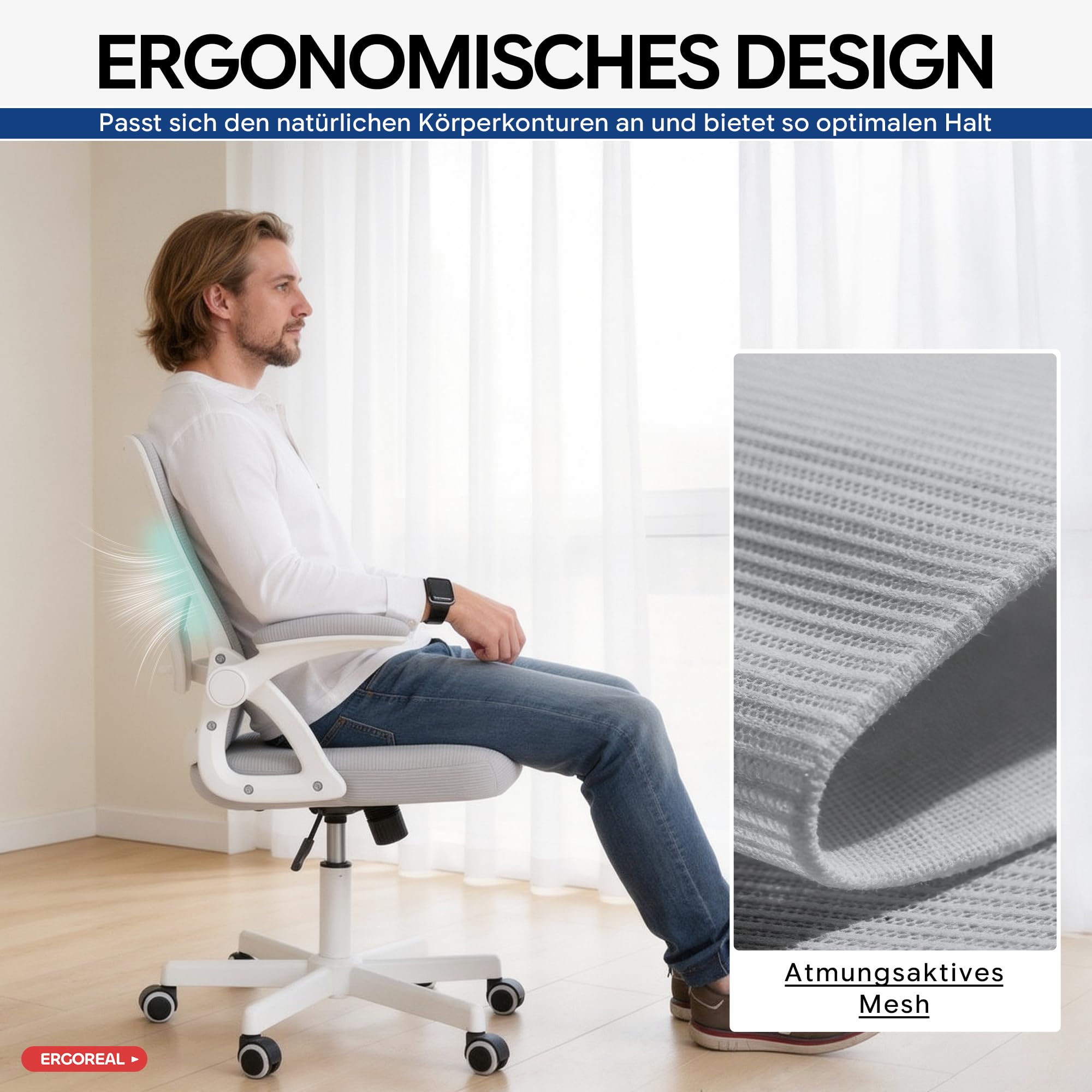 Bürostuhl ergonomisch – Schreibtischstuhl Netz, Lendenstütze 150kg | Klappbare Armlehnen, verstellbare Lendenstütze, 90-110° Rückenlehne, höhenverstellbar, leise Rollen, Homeoffice & Büro