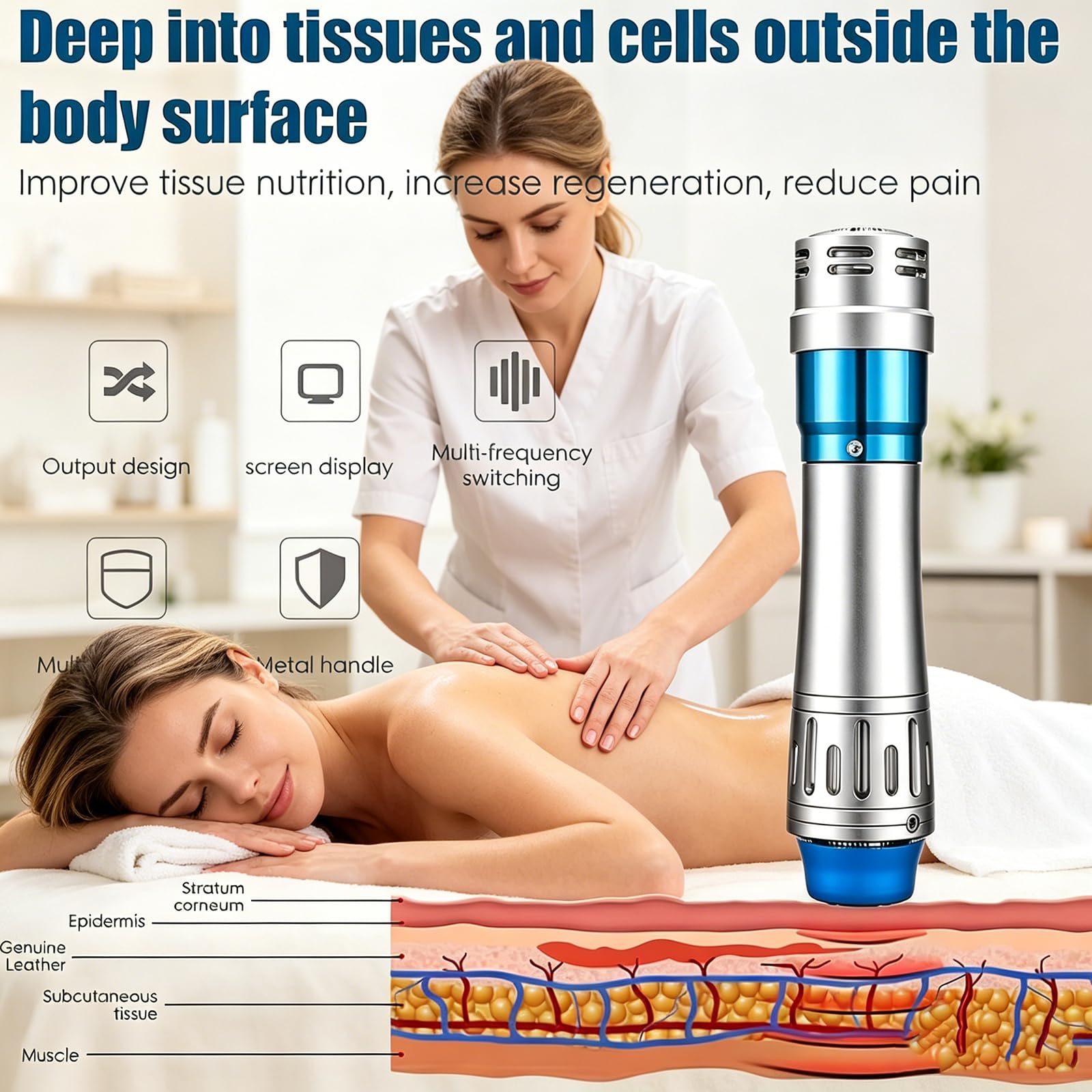 Dispositivo de terapia de onda de choque, instrumento de fisioterapia con 7 cabezas de masaje, 10 funciones y energía ajustable de 60 a 200 mJ, para masaje muscular profundo