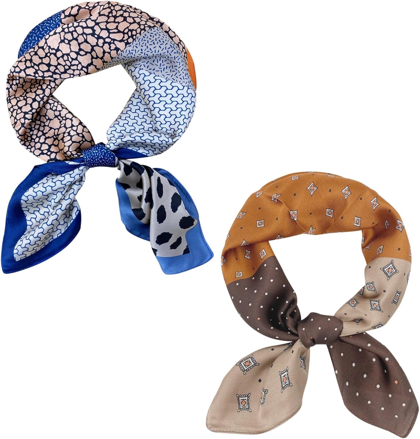 allydrew 2 Piece Silky Feeling Satin Neckerchief Scarf Set, 26.5" Square Scarf Value Pack, Animal Neutrals