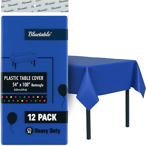 Mantel de plástico desechable azul (paquete de 12) a granel, mantel rectangular ultra resistente (54 x 108 pulgadas), mesas de 6 pies u 8 pies,