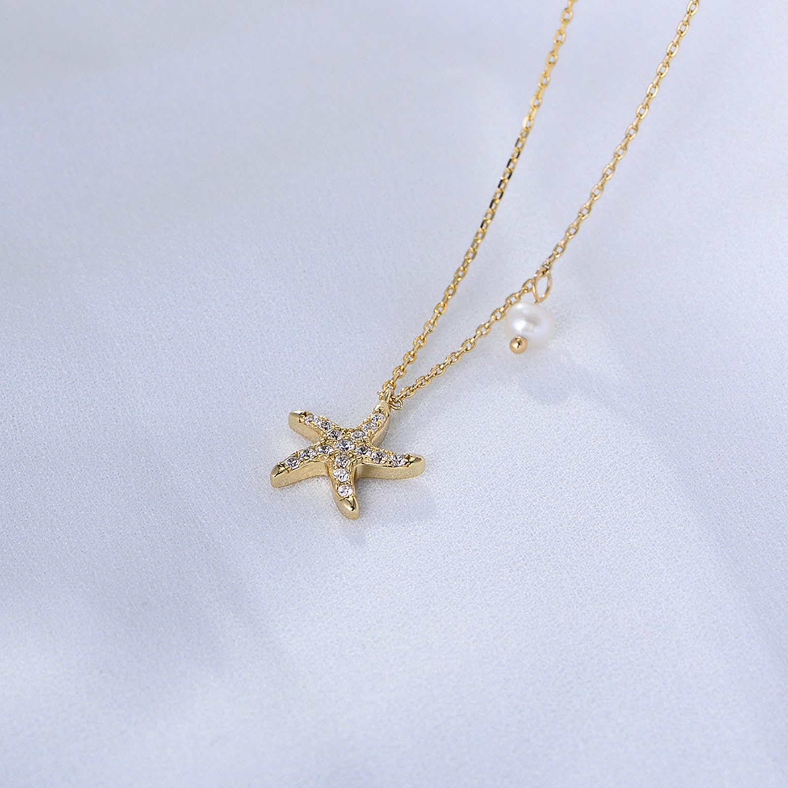 Collar con colgante de oro de 9 quilates, 14 quilates y 18 quilates para mujer, colgante de estrella de mar con diamante, cadena de oro 375, 585, 750, 45 cm, joyería real