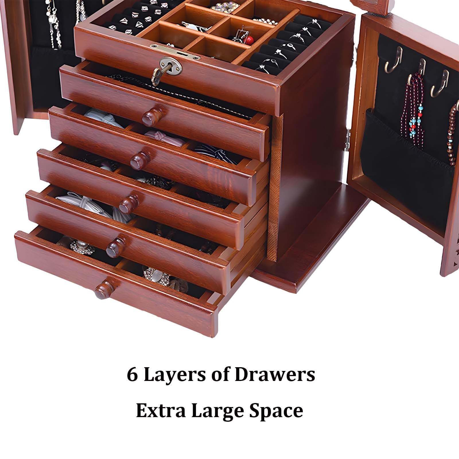 Joyero de Madera para Mujer, 6 Niveles, Joyeros Organizador Grande con 5 Cajones, Espejo & Cerradura, Caja Joyero para Joyas, Jollares, Anillos, Alhajero, Relojes de Estilo Vintage (Walnut)