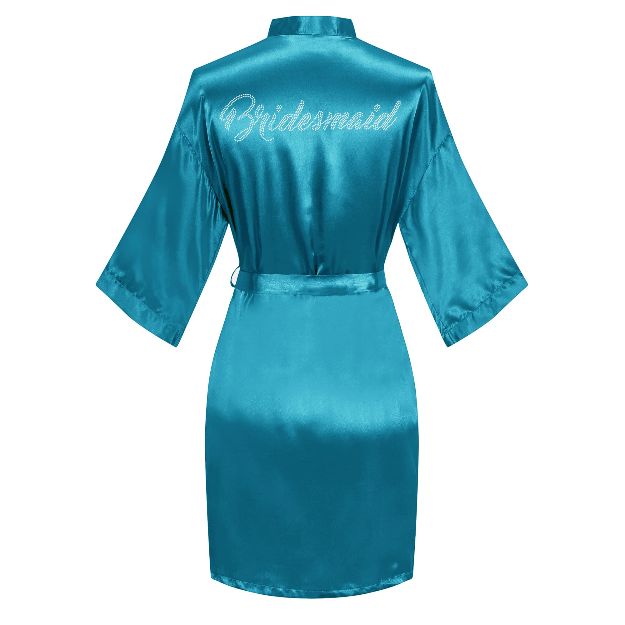 Women's Satin Robe Short Kimono for Bride &amp; Bridesmaid with Silver Rhinestones, Wedding Party Robes