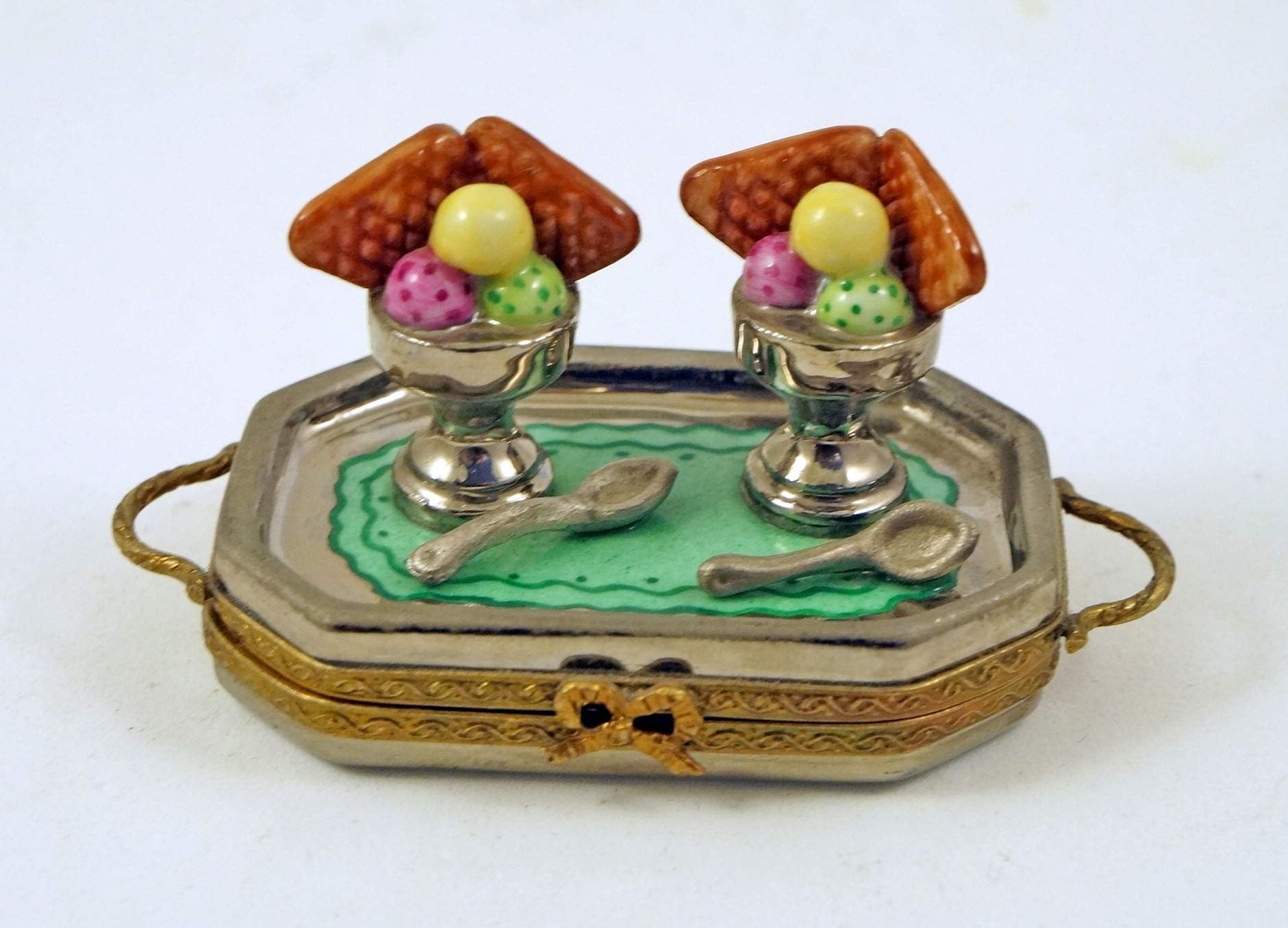 Authentic French Porcelain Hand Painted Limoges Box Amazing Serving Tray with Ice Cream Sundae