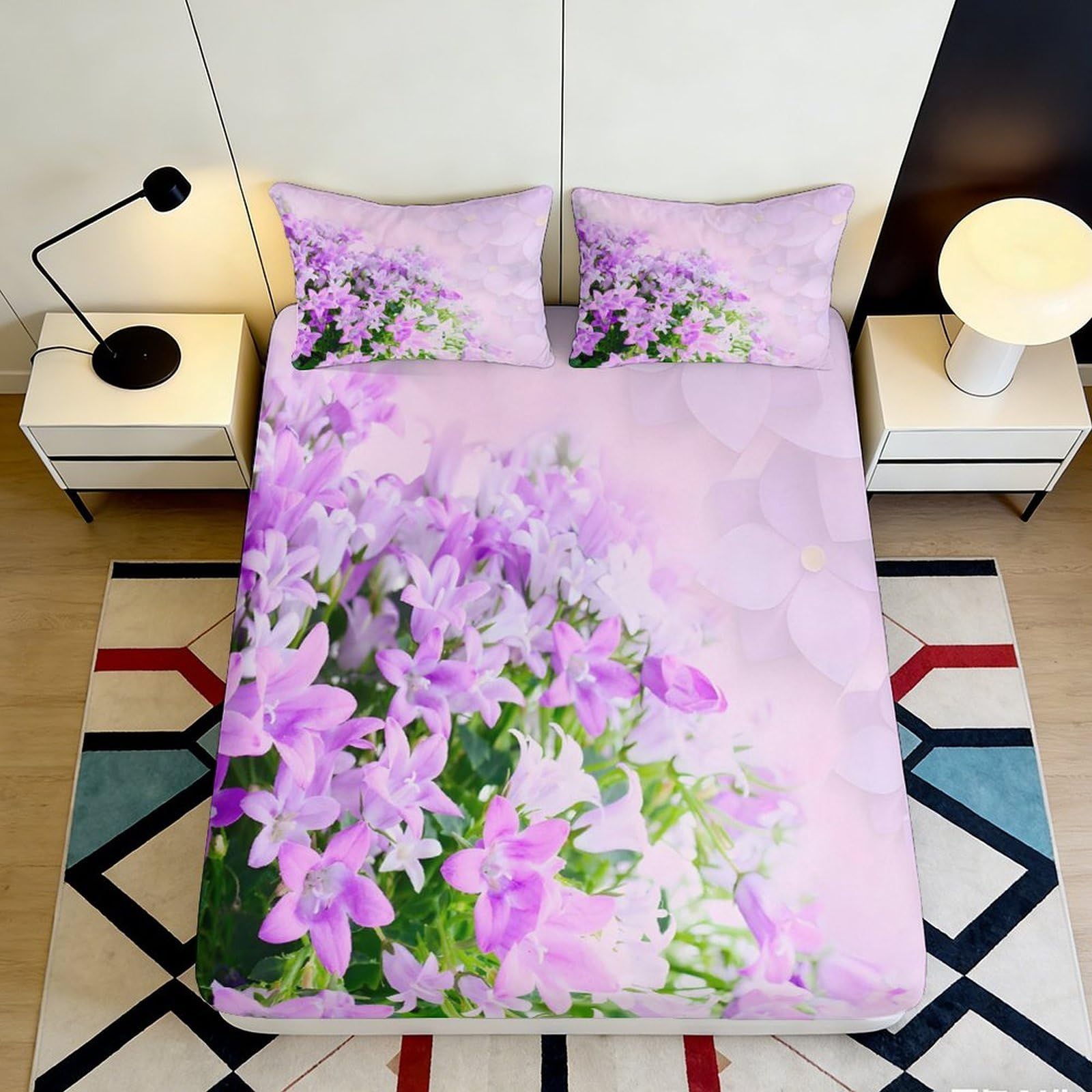 3D Printed Lavender Blossom Fitted Sheet Microfiber Floral Bedroom Decor Purple Garden Mattress Cover 90x200x25cm
