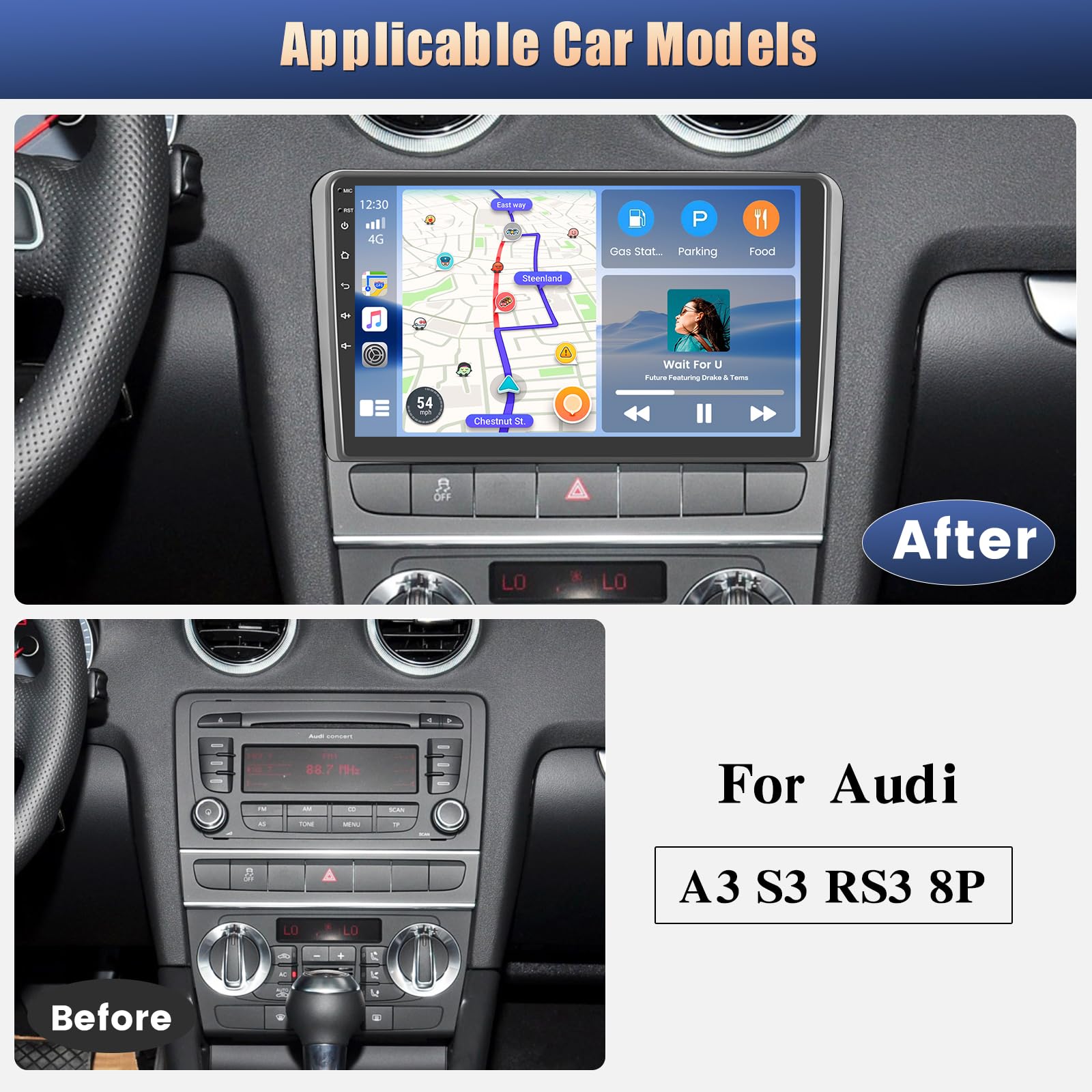 [8-Core/2G+64G] Hikity Android 15 Radio para Audi A3 S3 RS3 8P 2008-2012, 9 Pulgadas Pantalla Táctil Carplay Inalámbrico Android Auto con GPS Bluetooth FM RDS WiFi Mic Cámara Trasera
