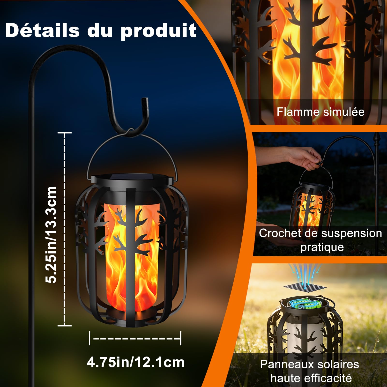 Lampe Solaire Exterieur, 4 Pièces Lanterne Solaire Exterieur avec Gen2 Effet de Flammes Vacillantes, Charge 2 Mode, Imperméables de Lanterne Suspendue pour Jardins Noël Halloween Balcon Deco