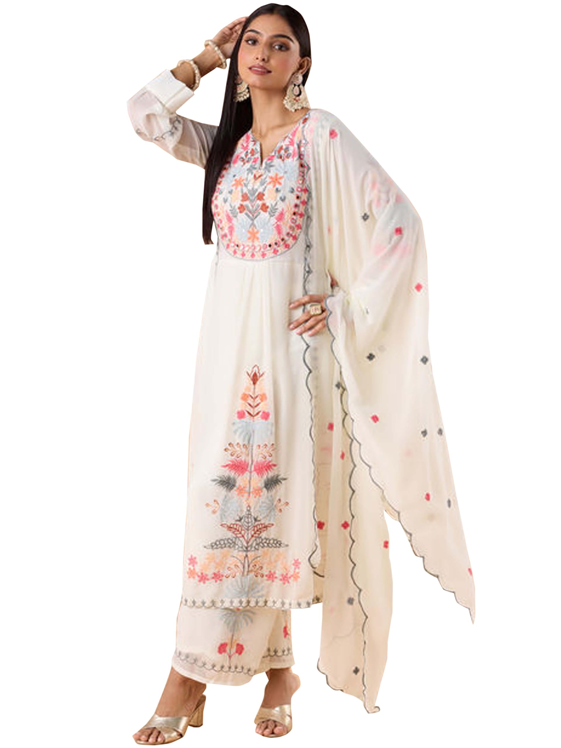 Fashion Basket Georgette Straight Floral Plazzo Kurta Set White