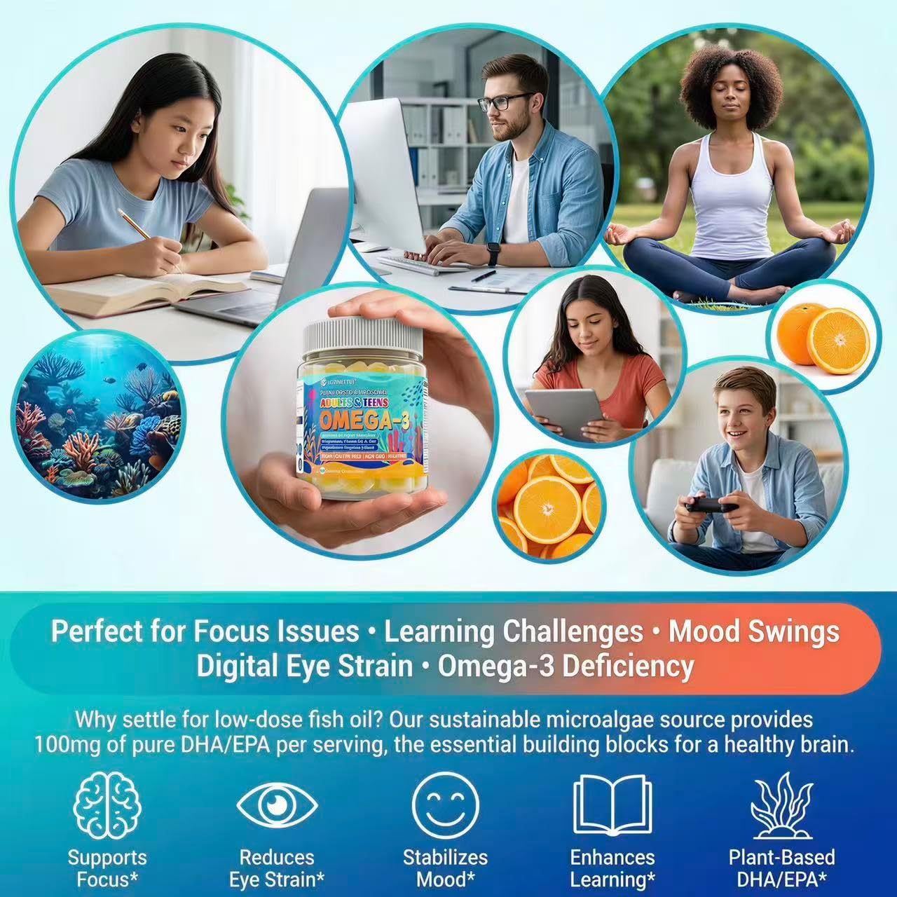 Vegan Omega-3 Gummies - 1000mg Algae Oil with 650mg DHA & 250mg EPA for Teens & Adults - Plus Vitamin D3, A,C, Lutein, Zeaxanthin, Magnesium for Eye & Immune Health, Brain - Sugar Free, Non-GMO, 60Cts - Image 8