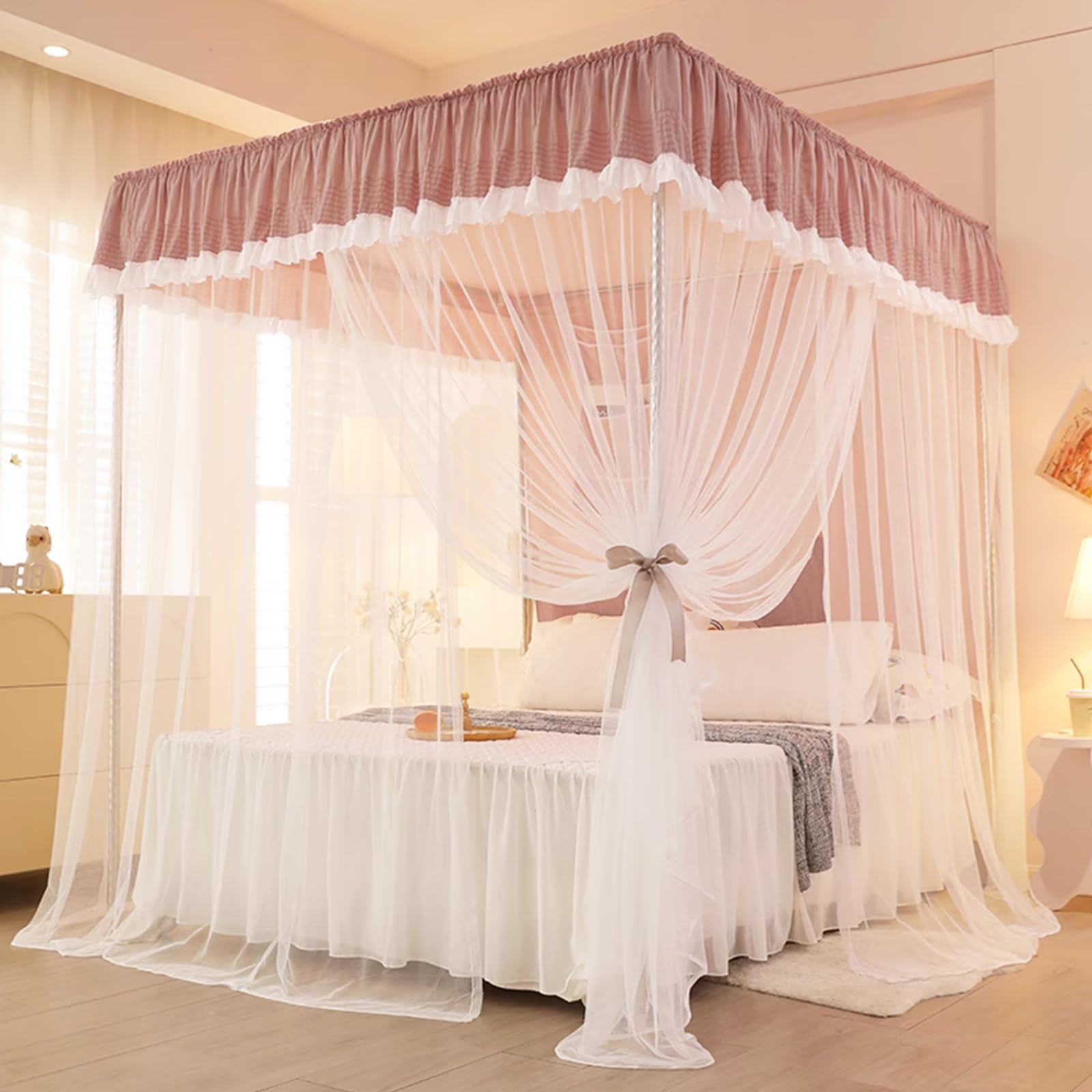 4 Corners Post Princess Bed Canopy Curtain Mosquito Net Bed Canopy,Queen King Bed Tent Netting,Elegant Double Layer Cozy Drape Netting-Girls Adults Bedroom Decoration(1 Red 180 * 220 * 200Cm)