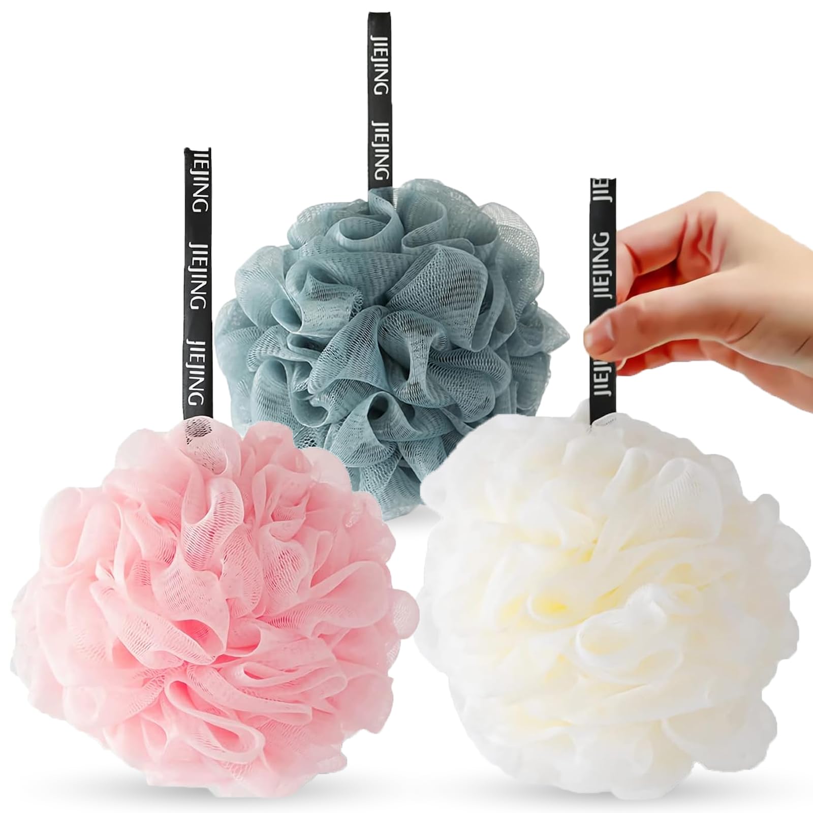 Loofah Shower Puff 3Pcs - Ultra Soft Mesh Bath Sponges for Adults Exfoliating, Scrubbing and Cleaning - Body Scrubbers for Use in Shower