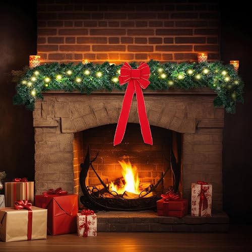 Miniatura 4 de Juego de 6 guirnaldas de Navidad preiluminadas de 9 pies con luces y 5 lazos de Navidad rojos gigantes, 50 luces LED, guirnalda a pilas para