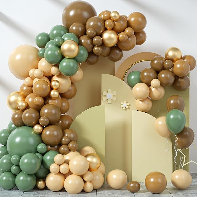 Teslite Sage Green Brown Balloon Arch Kit,113Pcs Jungle Safari Olive Green Brown Nude Balloon Garland and Gold Balloon,Eucalyptus Green Coffee Beige Apricot Party Balloon for Wide One Birthday Decor