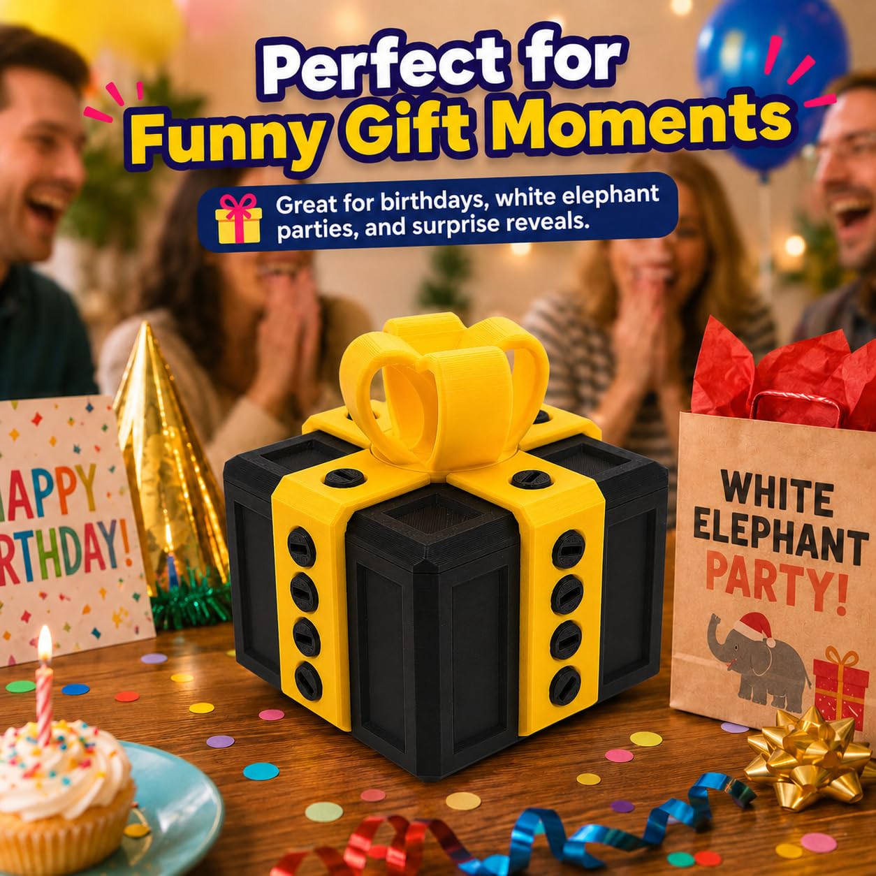 sofarefinish 3.14'' Annoying Gift Box, Multicolor 3D Printed Prank Box, Prank Box Set, 3 Count (Blue with Red, Blue with White, Black with Yellow)