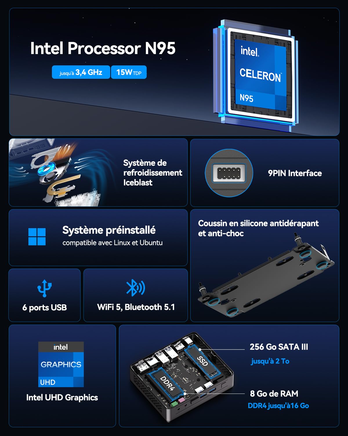 GEEKOM Air12 Lite Business Mini PC Intel N95, UHD Graphics,8 Go RAM DDR4 | SSD 256 Go, 6 ports USB, ports 9 broches, Achat en petite quantité Mini Ordinateur, idéal pour le bureau et le télétravail