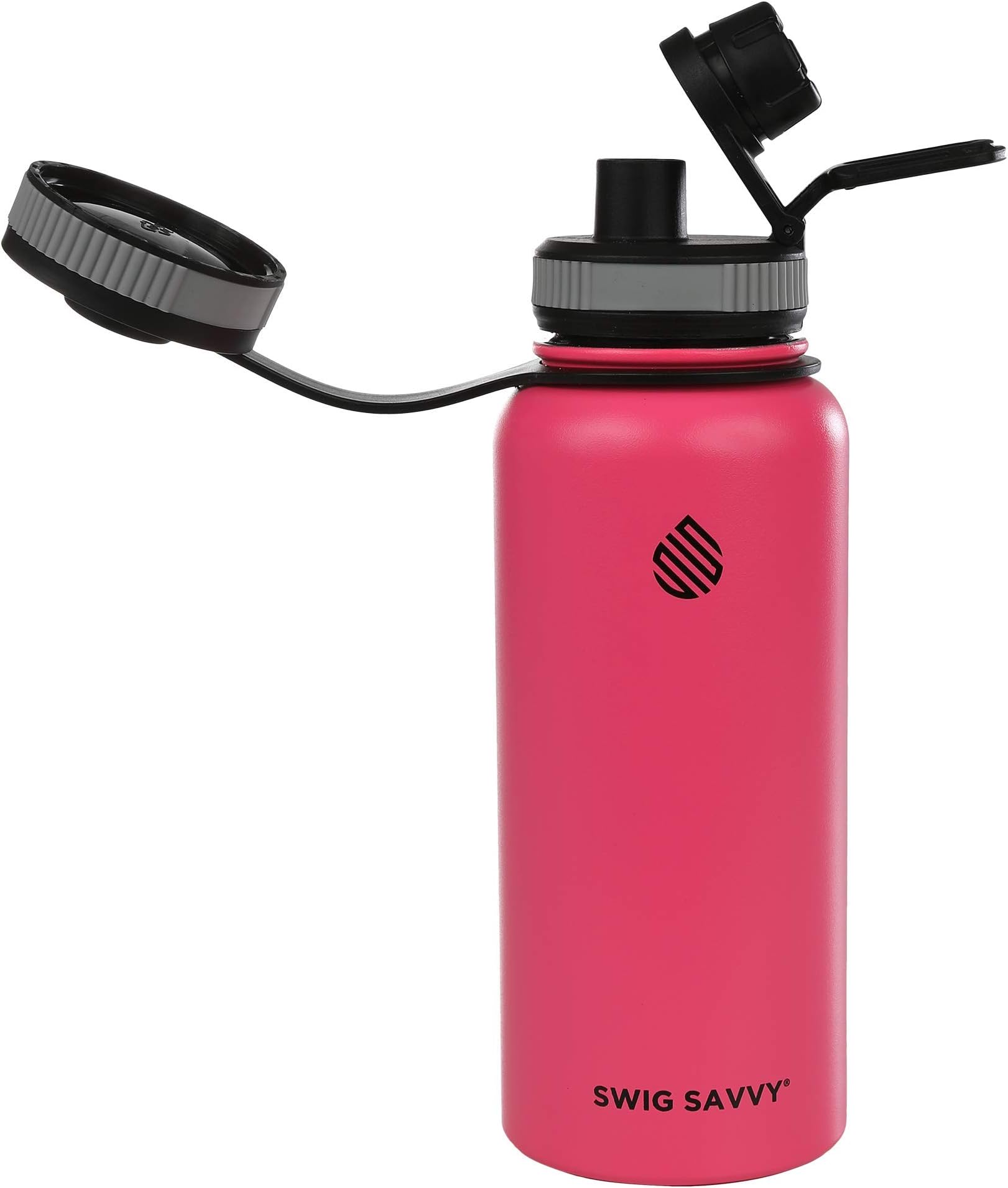 Swig Savvy Sports Water Bottle, Vacuum Insulated Stainless steel, Double Wall, Wide mouth 2 Leakproof Lids, Storage Sleeve - 32oz (Fuschia)