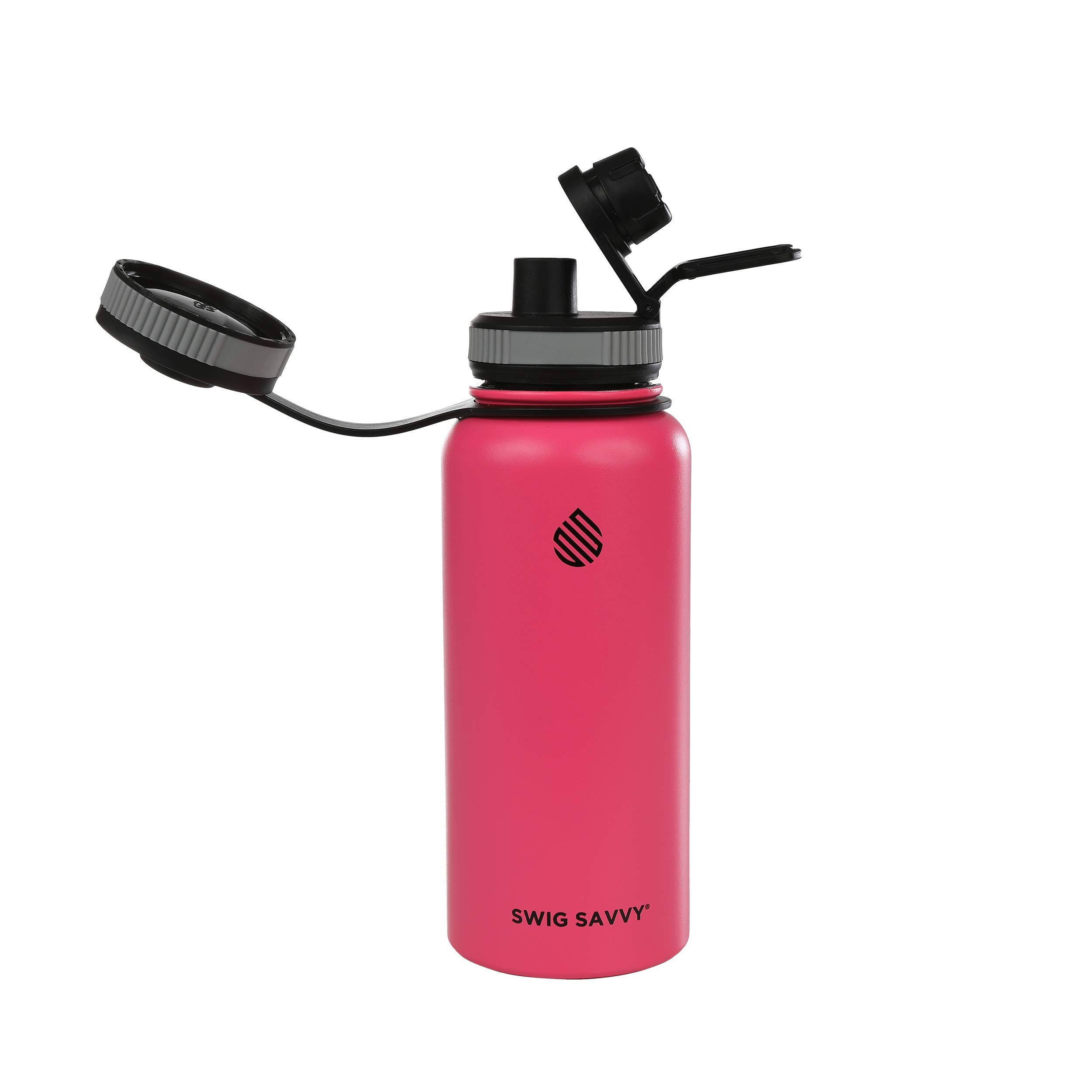 Swig Savvy Sports Water Bottle, Vacuum Insulated Stainless steel, Double Wall, Wide mouth 2 Leakproof Lids, Storage Sleeve - 32oz (Fuschia)