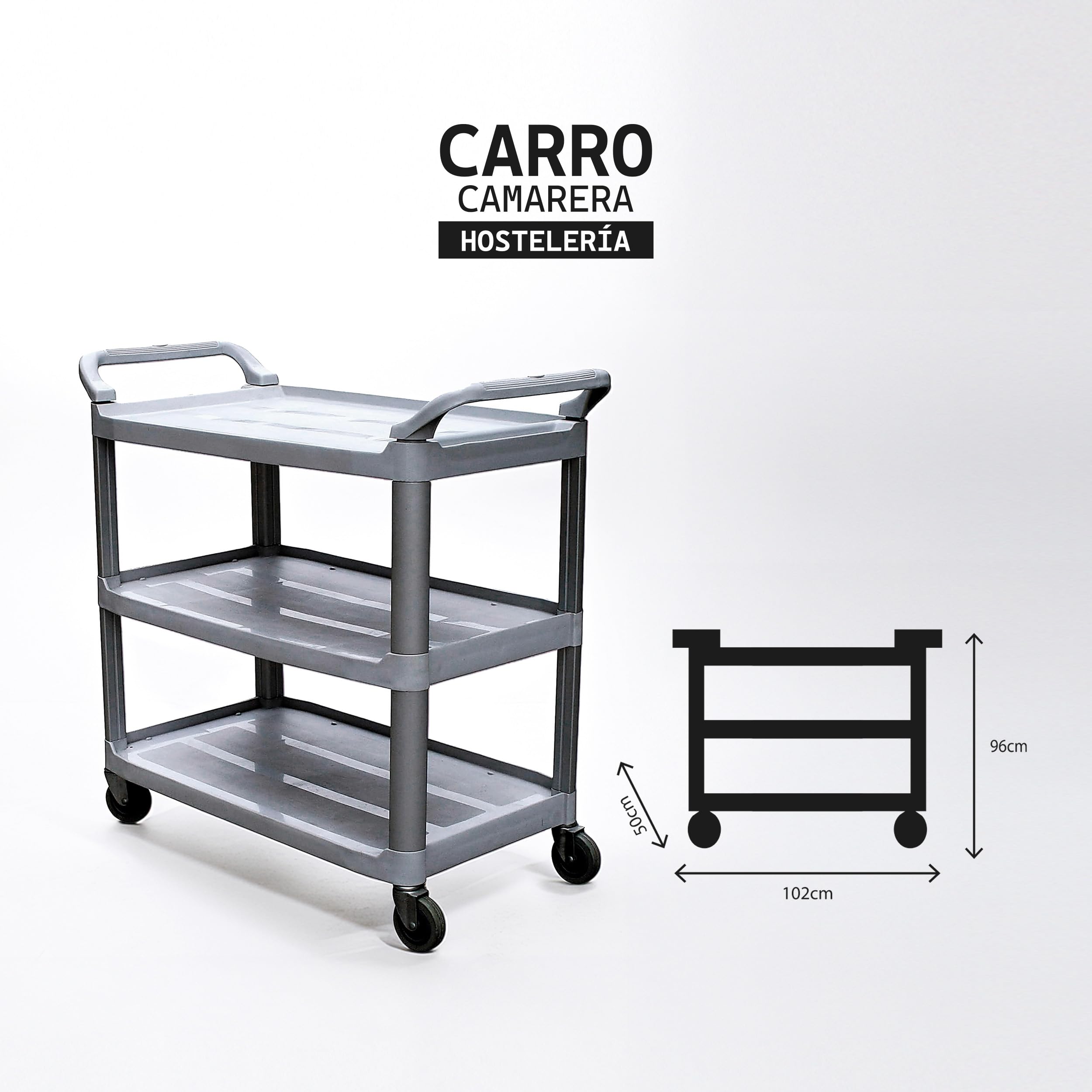 Carro hostelero Profesional con 3 bandejas y Ruedas de Acero y Polipropileno. Mediads 102x50x96 (L x F x A)
