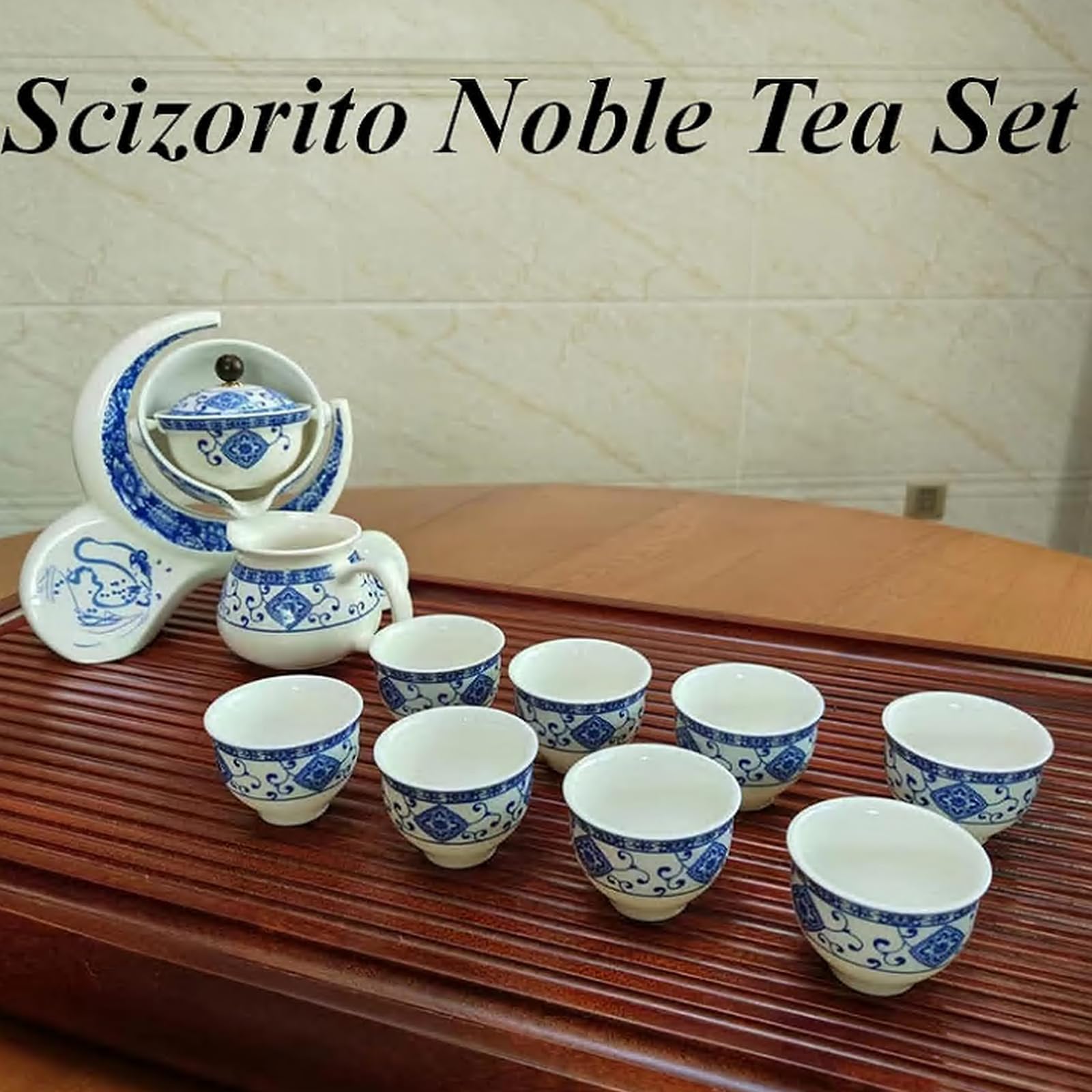 Hochwertige Chinesische Tee-Set-Geschenkbox, Rotierendes Kung Fu Tee-Set, Reines Handfeuern, Mit Rotierender Teekanne und Infuser, Geeignet für Büro, Zuhause, Geschenk (Halbmond weiß)