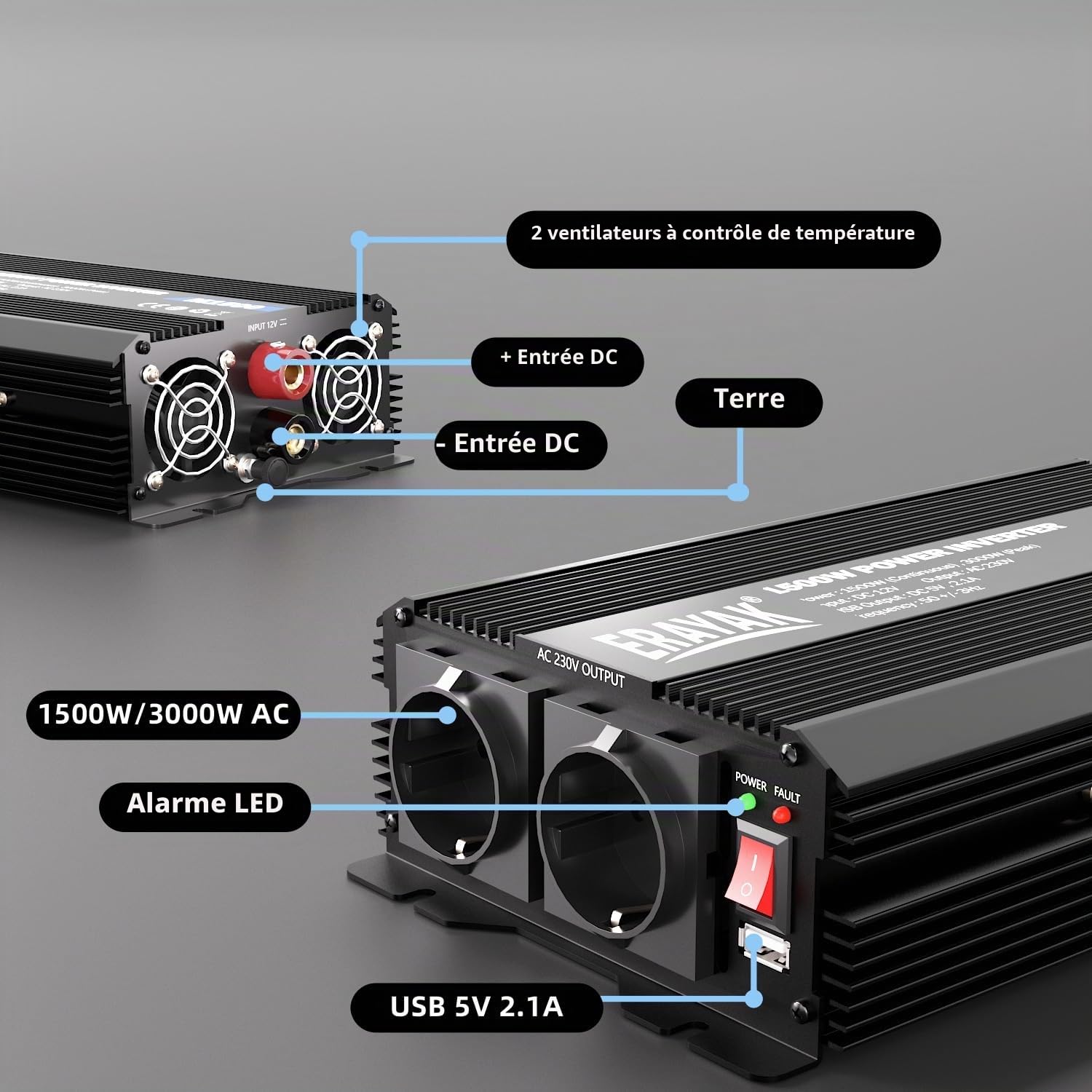 ERAYAK Convertisseur 12V 220V/230V 1500W/3000W Onduleur à Transformateur avec Télécommande & Double AC Prises de Courant pour RV Voiture de Camion (Vague Modifiée)