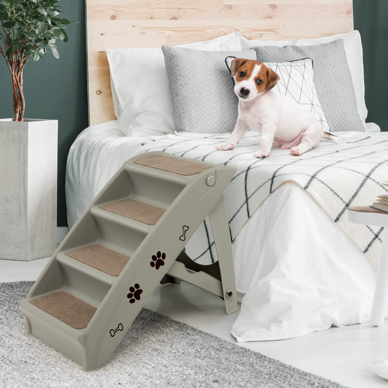 COSTWAY 4-stufige Haustiertreppe mit Teppichboden, Hundetreppe Kunststoff Katzentreppe faltbar, Hunderampe tragbar Tiertreppe für Hunde und Katzen, Tierrampe zum Klettern und Kratzen (Grau)