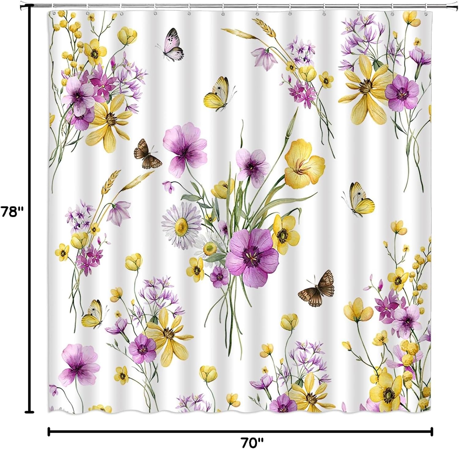 Floral Shower Curtain Extra Long,Watercolor Flower Butterfly Yellow Purple Wildflower Spring Blossom Nature Botanical Bathroom Decor Curtain with Hooks,