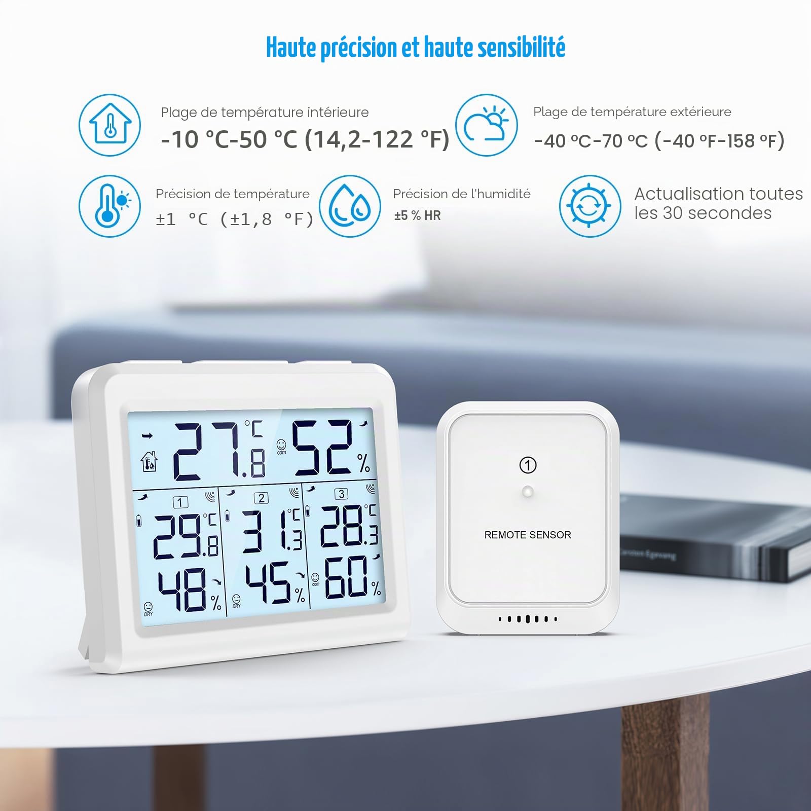 Brifit Thermomètre Hygromètre Numérique sans Fil avec 3 Capteurs, Thermomètre Connecté, Écran LCD, Enregistrement Min/Max, Commutateur ℃/℉, Thermomètre Intérieur et Extérieur pour Maison, Bureau-Blanc