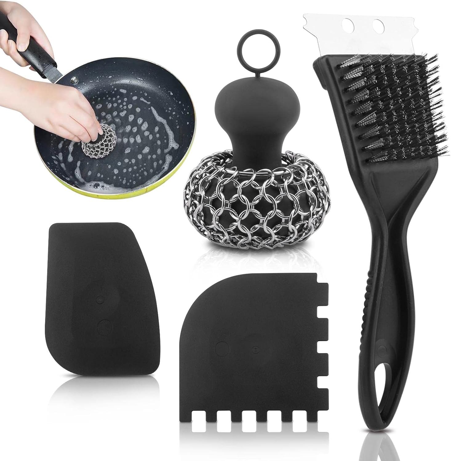 Cast Iron Scrubber + Pan Scraper + Grill Brush, Cast Iron