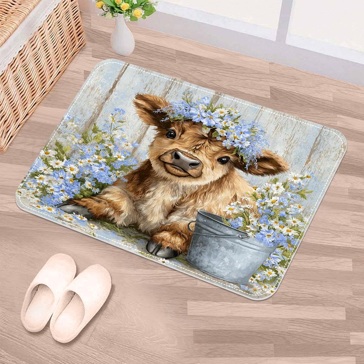Tapete de entrada Highland Cow, alfombrilla rústica floral de 50x80 cm lavable