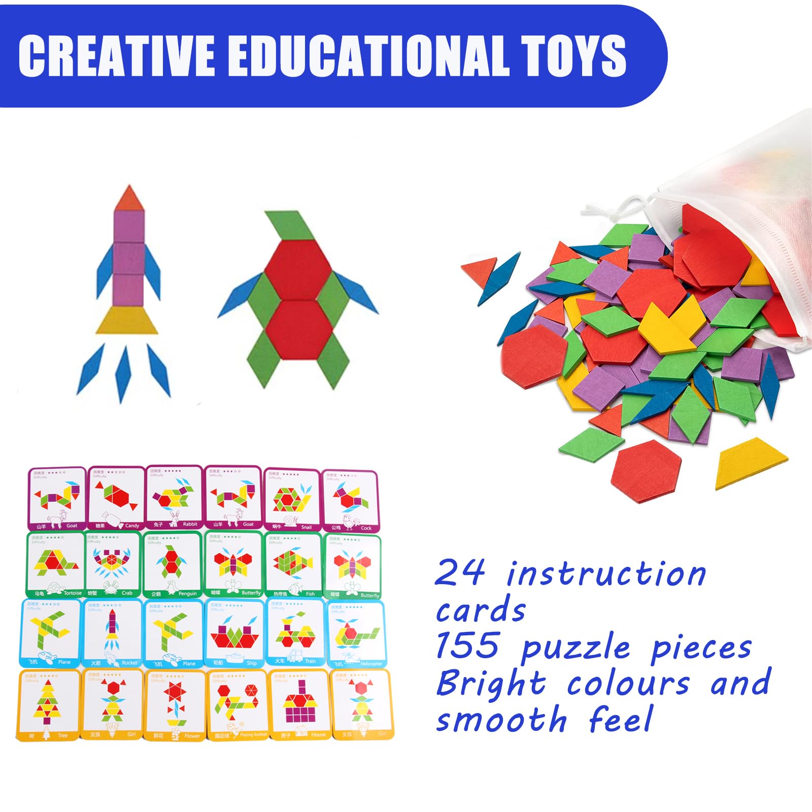 180 pezzi Set Puzzle 3D in legno Forma geometrica colorata Tangram Jigsaw Gioco Bambini Montessori Apprendimento Giocattoli educativi per bambini