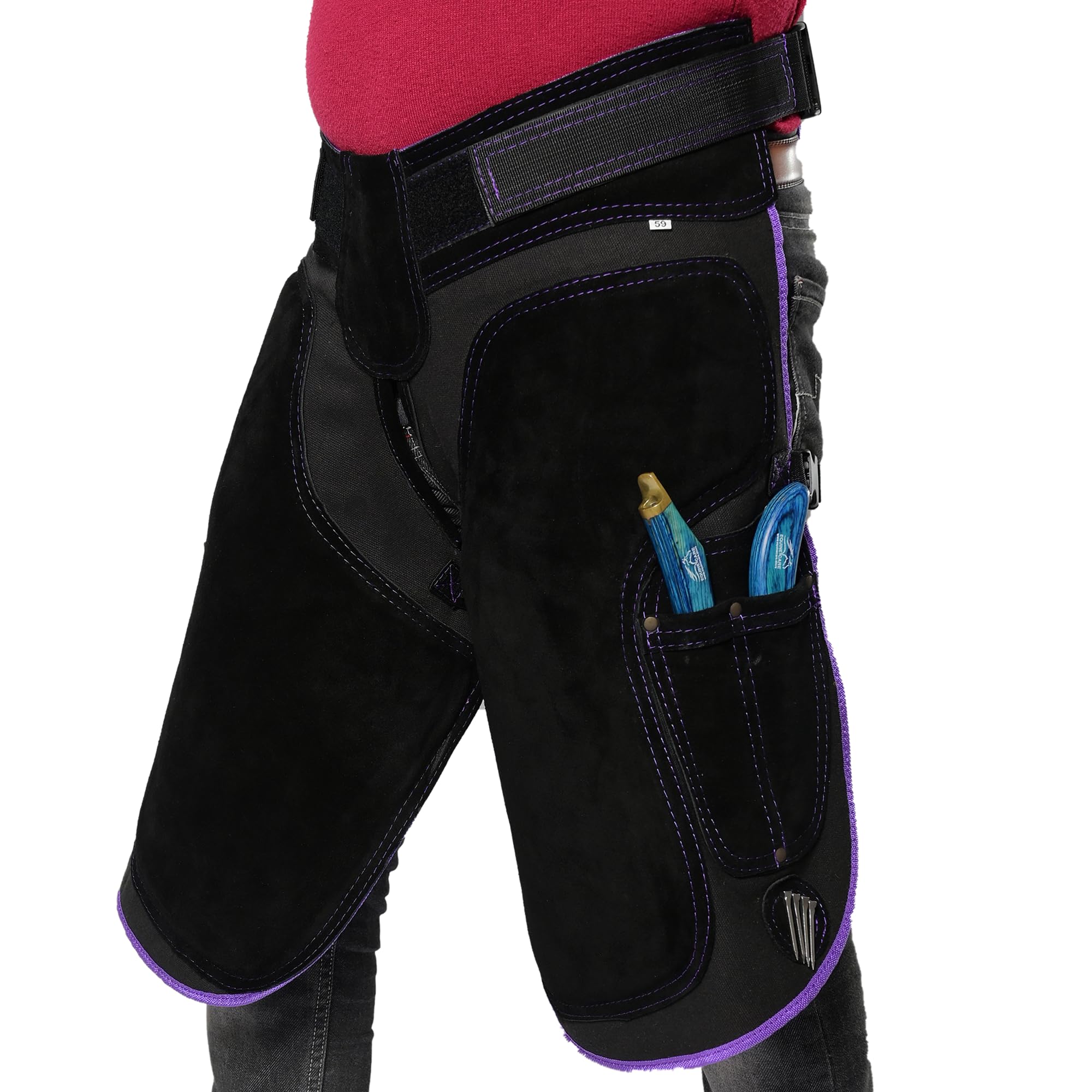 Equine Care Fartuch damski Farrier 23″ - skóra i płótno, regulowana talia 28-52″, wyściełane kolana EVA, podparcie lędźwiowe, 4 kieszenie na noże i magnesy na paznokcie do przycinania kopyt (czarny z