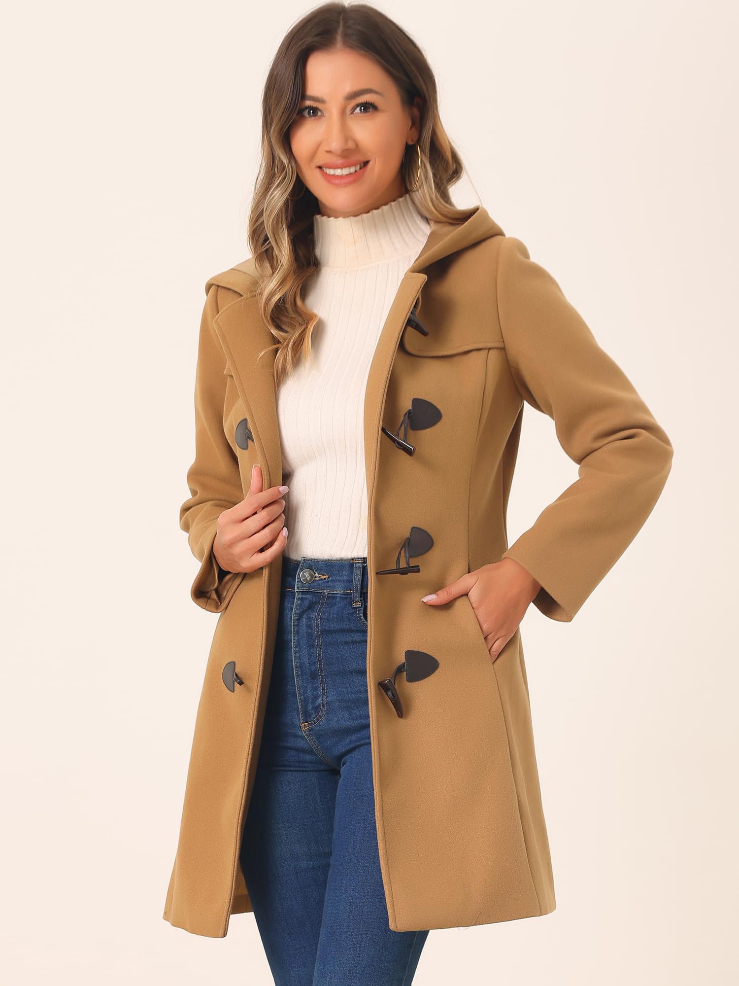 Allegra K Damen Wintermantel Dufflecoat Knebelknöpfen Kapuze Mantel | Lässiger Mantel mit Zwei Vordertaschen Geeignet für Büro Straße und Party Vielseitig für den Alltag