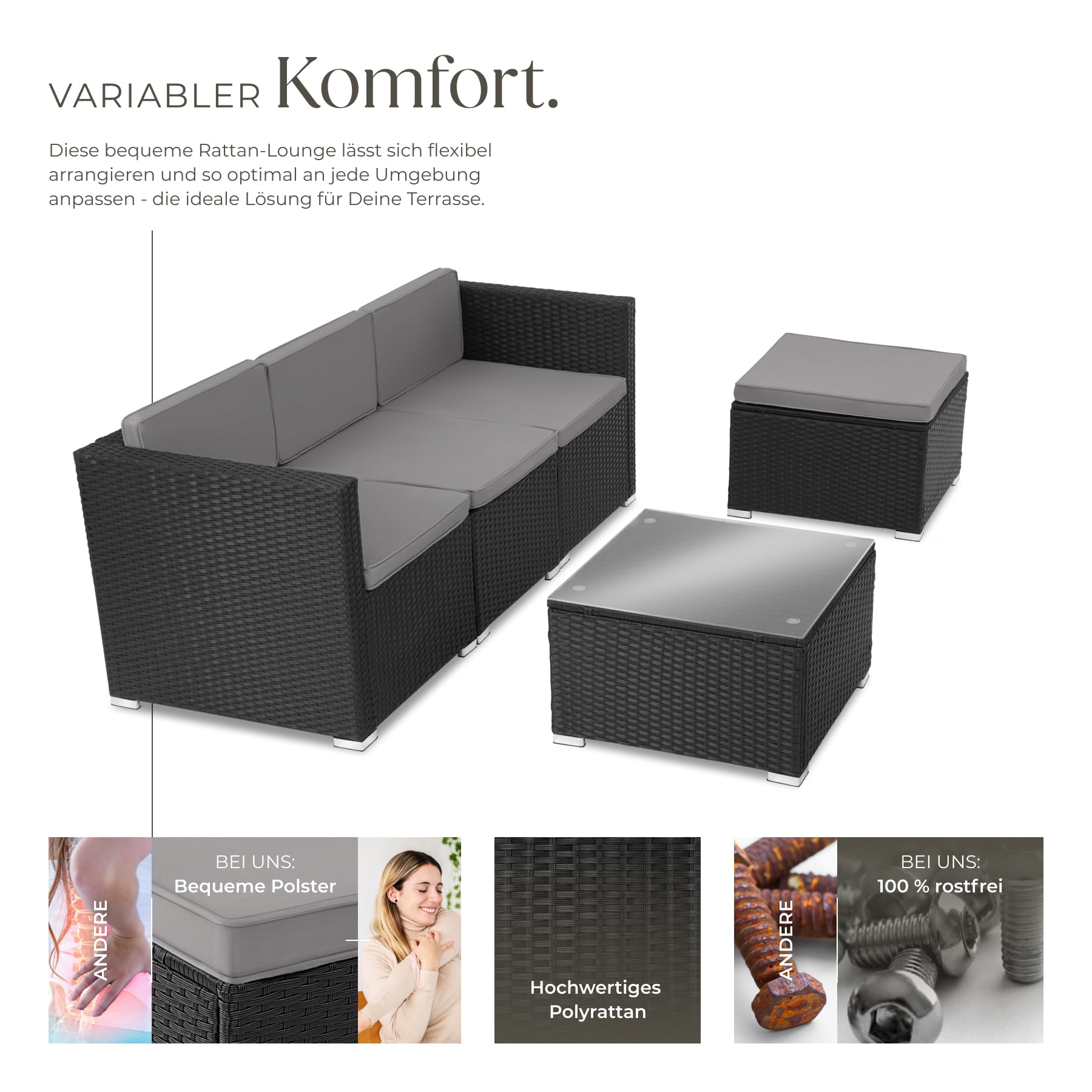 tectake® Poly Rattan Lounge, Outdoor Sitzgruppe, Set mit Sofa Sessel, Hocker, Tisch, frei kombinierbar, Sitzecke für 3-4 Personen, Möbel wetterfest für Garten Terrasse Balkon - schwarz