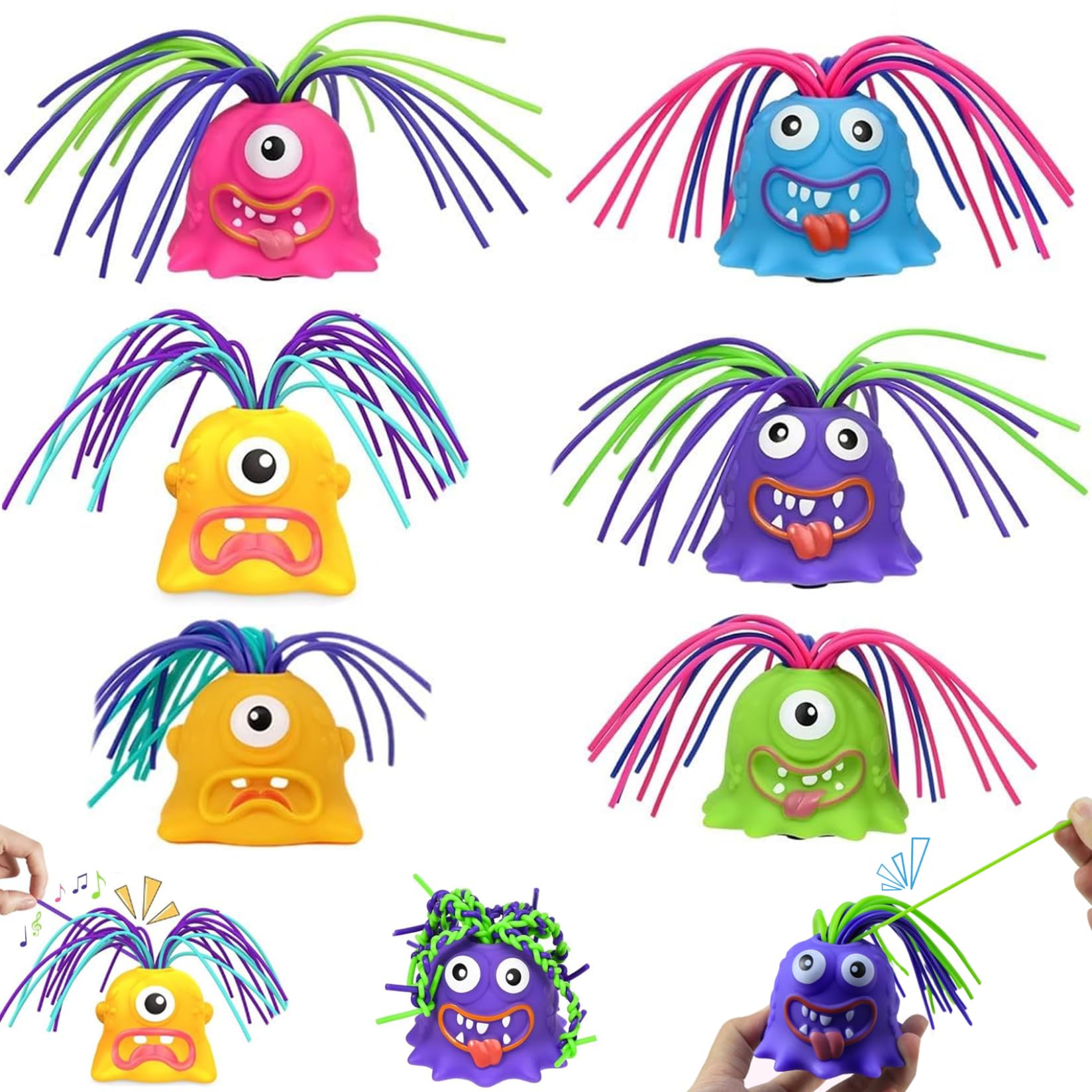 Hilai Fun Hair Pulling Monster Toy 6Pcs Cartoon Hair Pulling Stress Relief Toy Diffenrent Sounds Screaming Stress Cute Fidget Screaming Novelty Toys for Kids Teens Adults