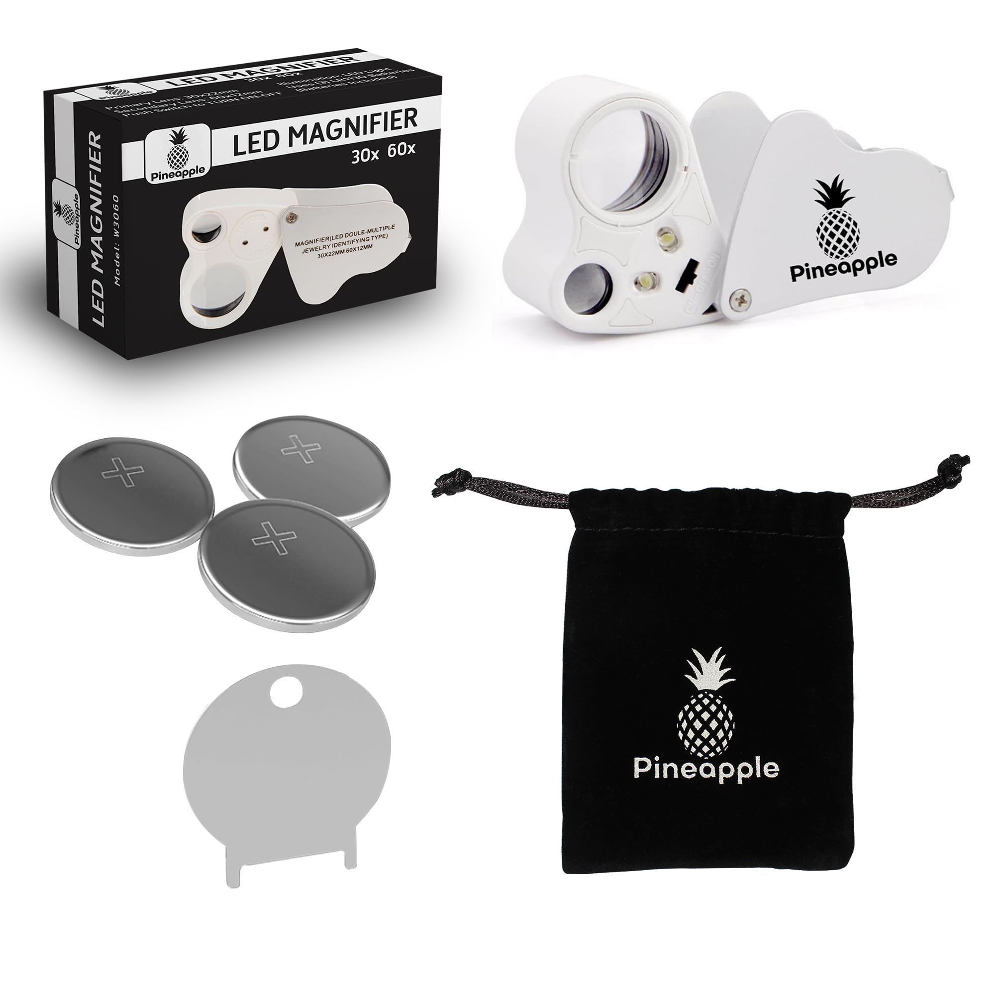 Lupa de joyería de 30 x 60 aumentos con luz, lupa plegable para joyería, lupa de joyería con luz LED, para tricomas, monedas, diamantes, joyas, gemas, plantas, sellos, etc. (blanco)