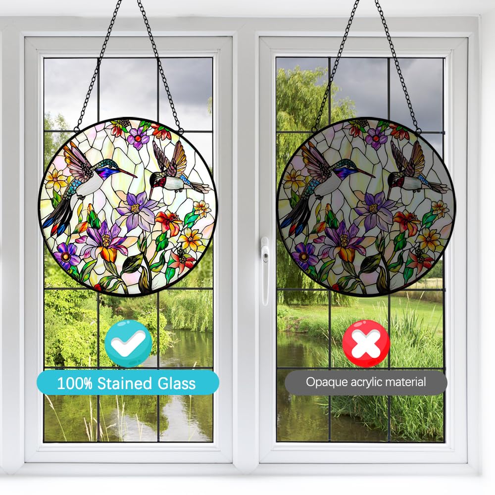 Kolibri-Sonnenfänger, Buntglas-Fensteraufhängung, Wildblumen- und Vogel-Sonnenfänger für Fenster, Buntglas-Sonnenfänger – Sonnenfänger für den Innenbereich, Wandkunst, Heimdekoration, Geschenk für