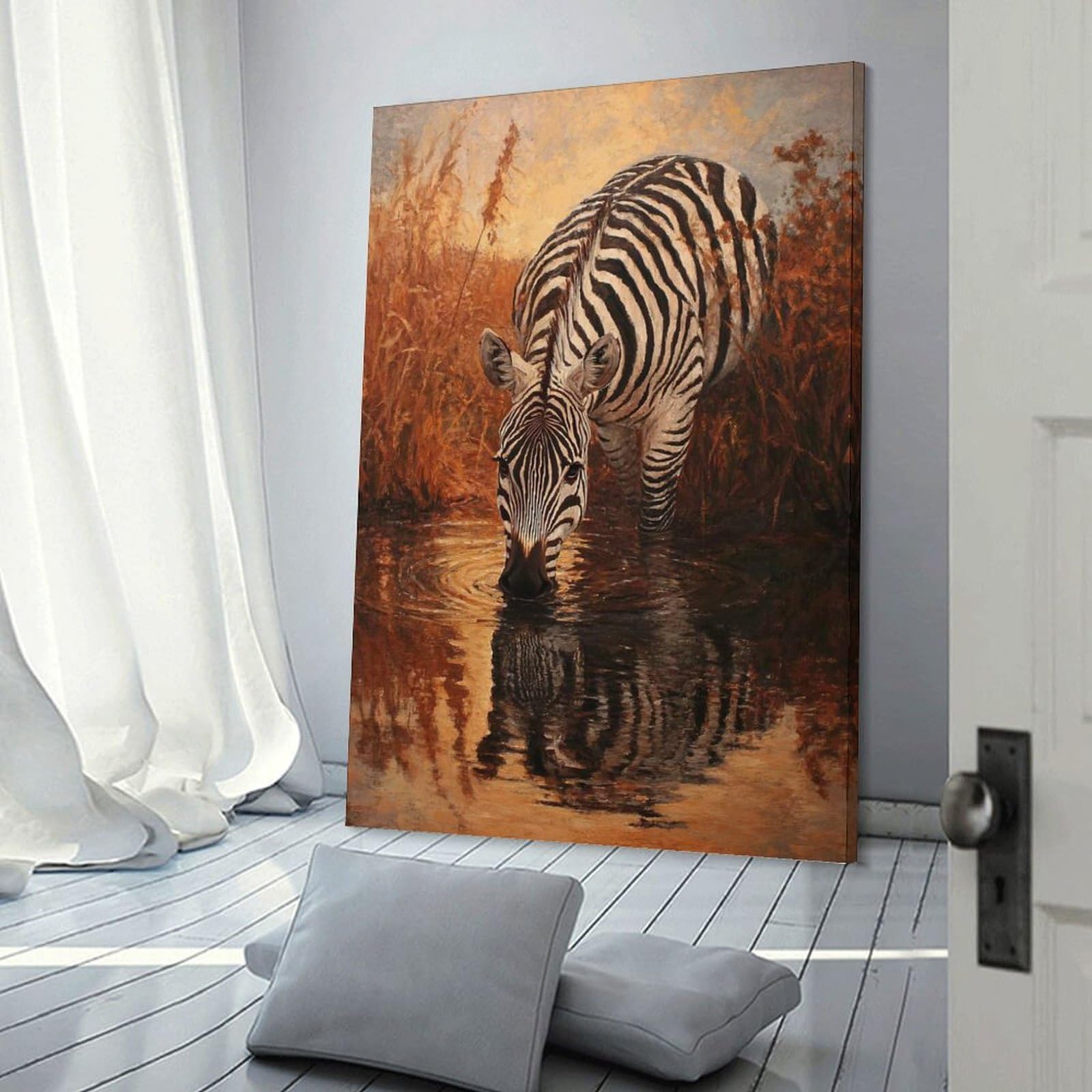 Junmoney Frame-Style-9 Decorative Wall Artwork Zebra Drinking At Sunset, 24X36inch(60X90cm), For Sofa Walls, Lounge Or Home Corners, Modern Wall Decor For Cosy Interiors