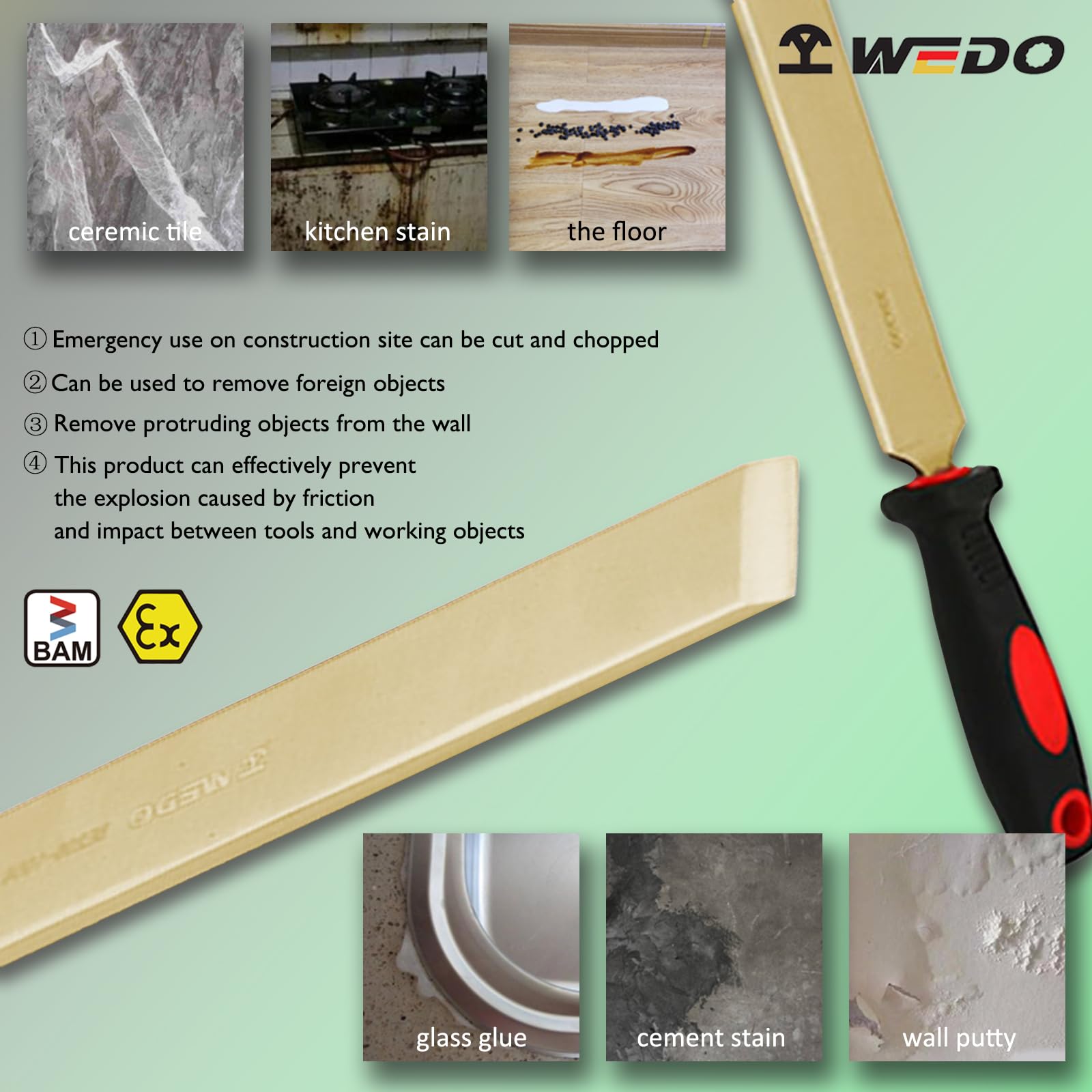 WEDO Raschietto piatto senza scintille con lama dritta e manico confortevole, strumento di sicurezza senza scintille, bronzo in alluminio, BAM e FM, lunghezza 12", 300 * 30 * 430mm