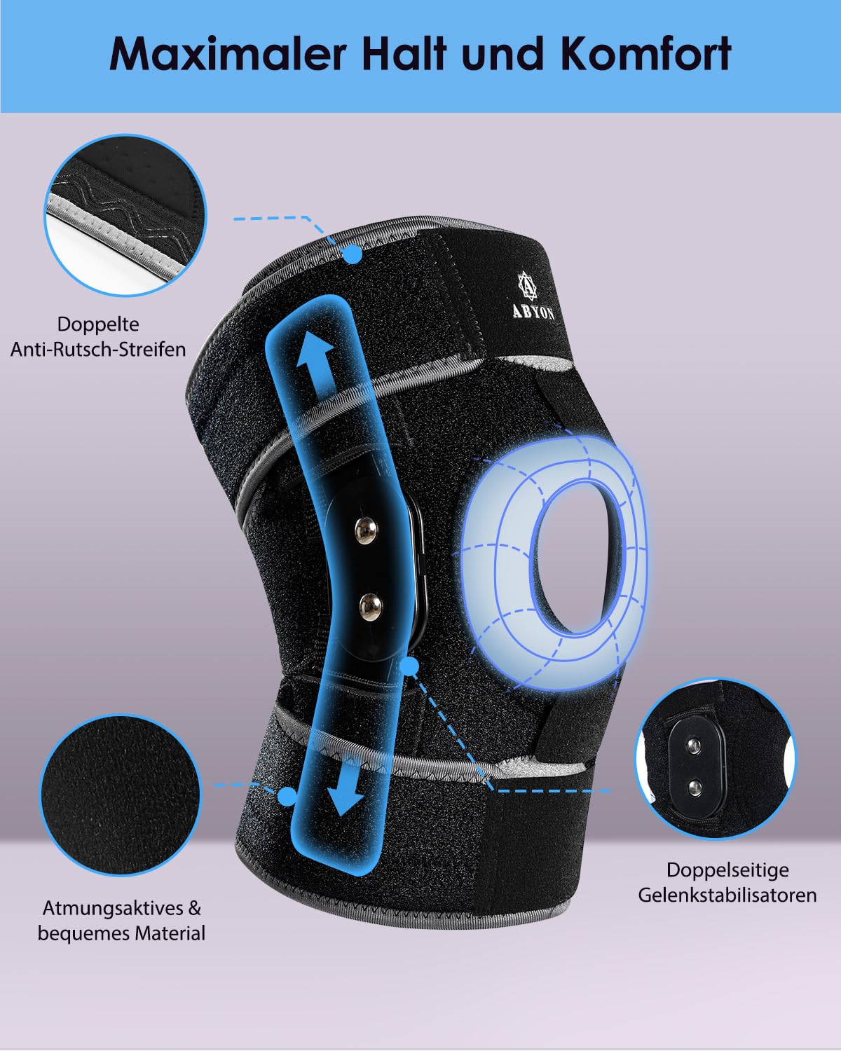 ABYON Kniebandage für Damen Männer – mit Metallschienen, Patella-Gelpolster, 360° Gurt, bei Meniskusriss, Bänderverletzungen, ACL/MCL, Arthritis & Operations-Erholung, Laufen, L
