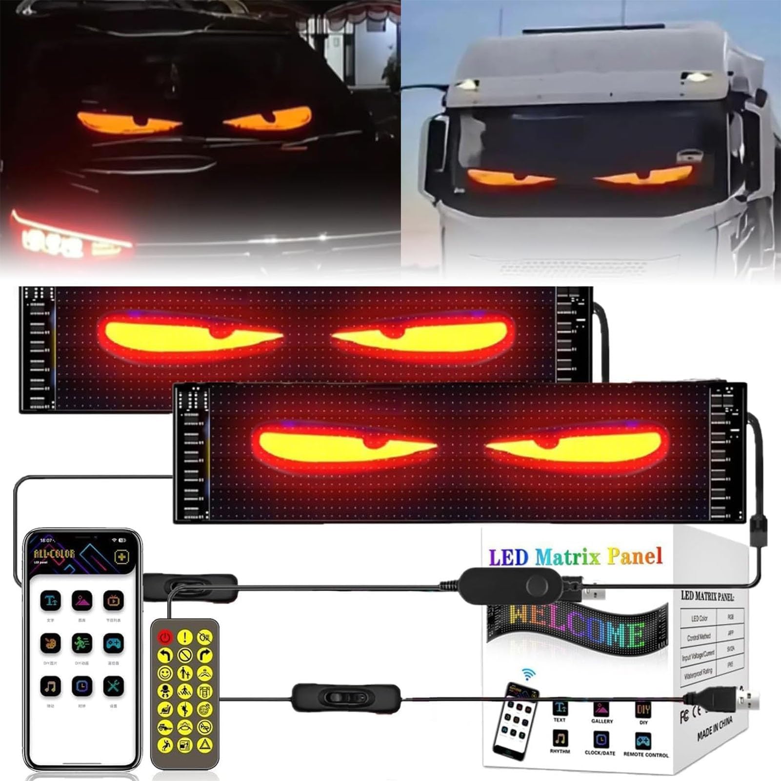 2 Piezas Ojos LED para Camion, Programable Pantalla LED Flexible Luz Devil Eyes para Coches Bricolaje Dinámica LED Inteligente Colorida Light, Control de Aplicación(7 * 17.3CM)