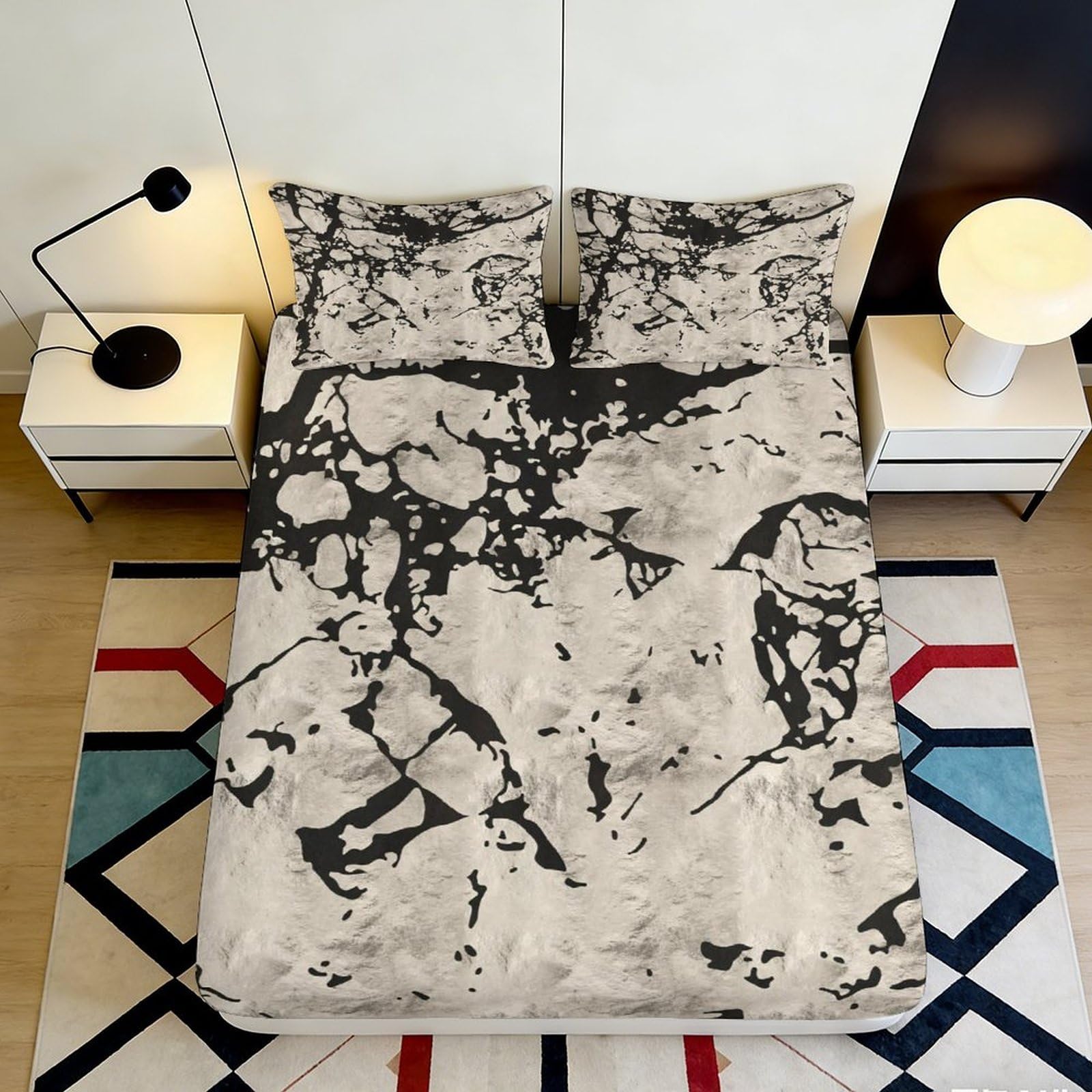 3D Printed Marble Texture Fitted Sheet Microfiber Soft Stone Pattern Mattress Cover Anti-Slip Washable for Bedroom Home Decor 160x200x25cm