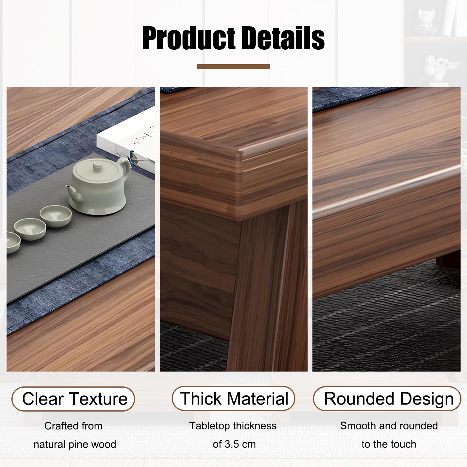 Tavolino Tatami in Legno Massello, Tavolo Basso Giapponese da Pavimento, per Soggiorno, Camera da Letto, Meditazione e Cerimonia del Tè(120 * 60 * 35cm/47.5 * 24 * 14in)