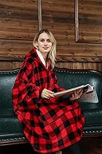 Sedefen Fleece Blanket with Sleeves, Hooded Sweatshirt with Portable Pockets, Comfortable Flannel Douverture TV Women Men, Winter Warm Sherpa Adult, Black and Red Grid