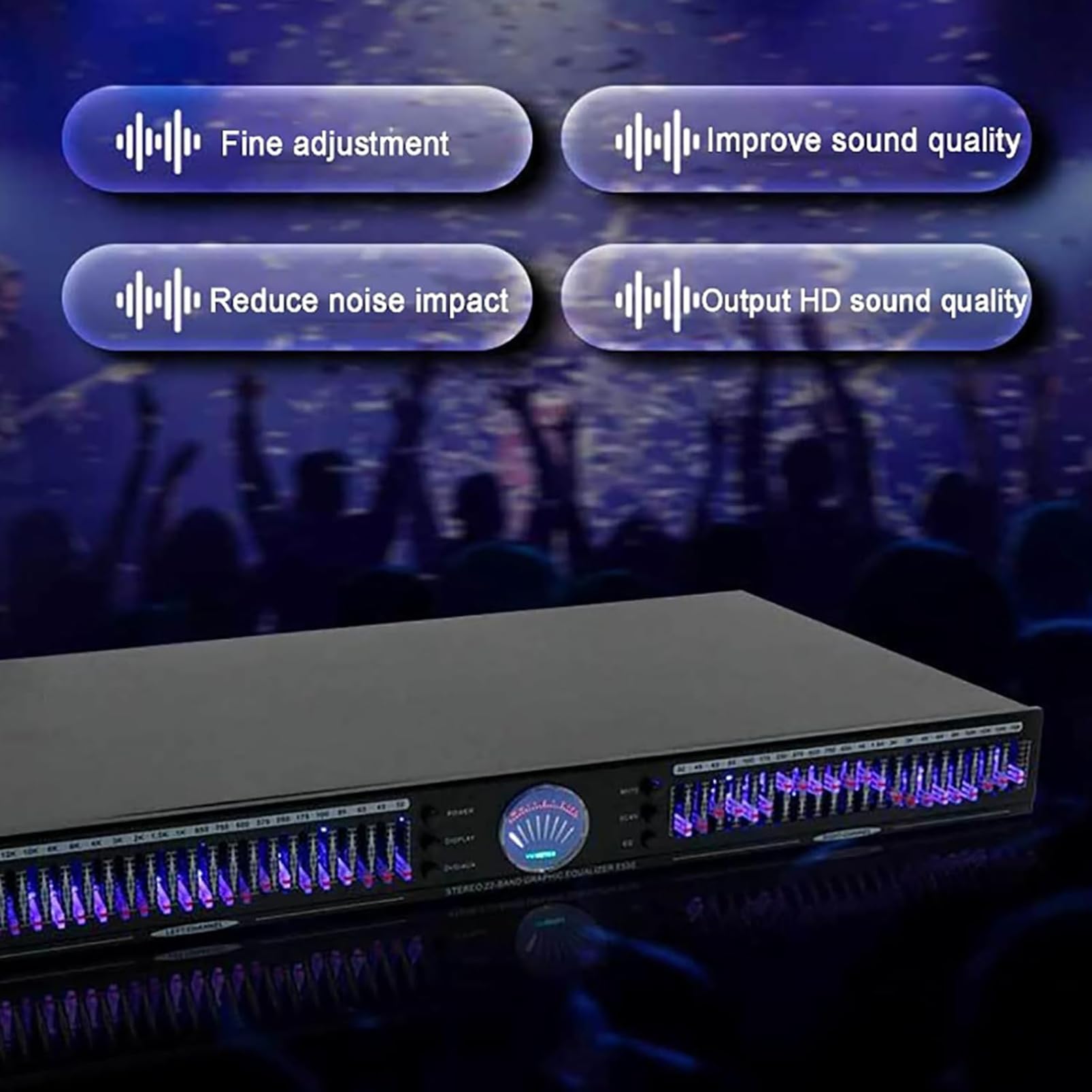 Profesjonalny korektor audio, 22-pasmowy korektor graficzny stereo, analizator spektrum muzyki, 10 zaprogramowanych efektów i redukcja szumów, niezależna regulacja niskiej/średniej/wysokich tonów, do