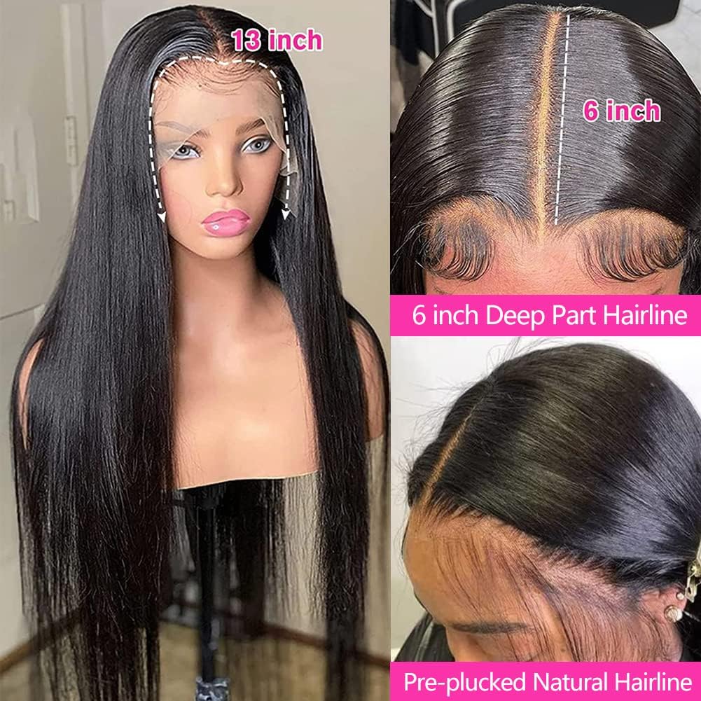 13x6 Straight Lace Front Wigs - Human Hair HD Transparent Lace Frontal Wigs for Black Woman - Brazilian Glueless Wigs - Pre Plucked Natural Color 36 Inch