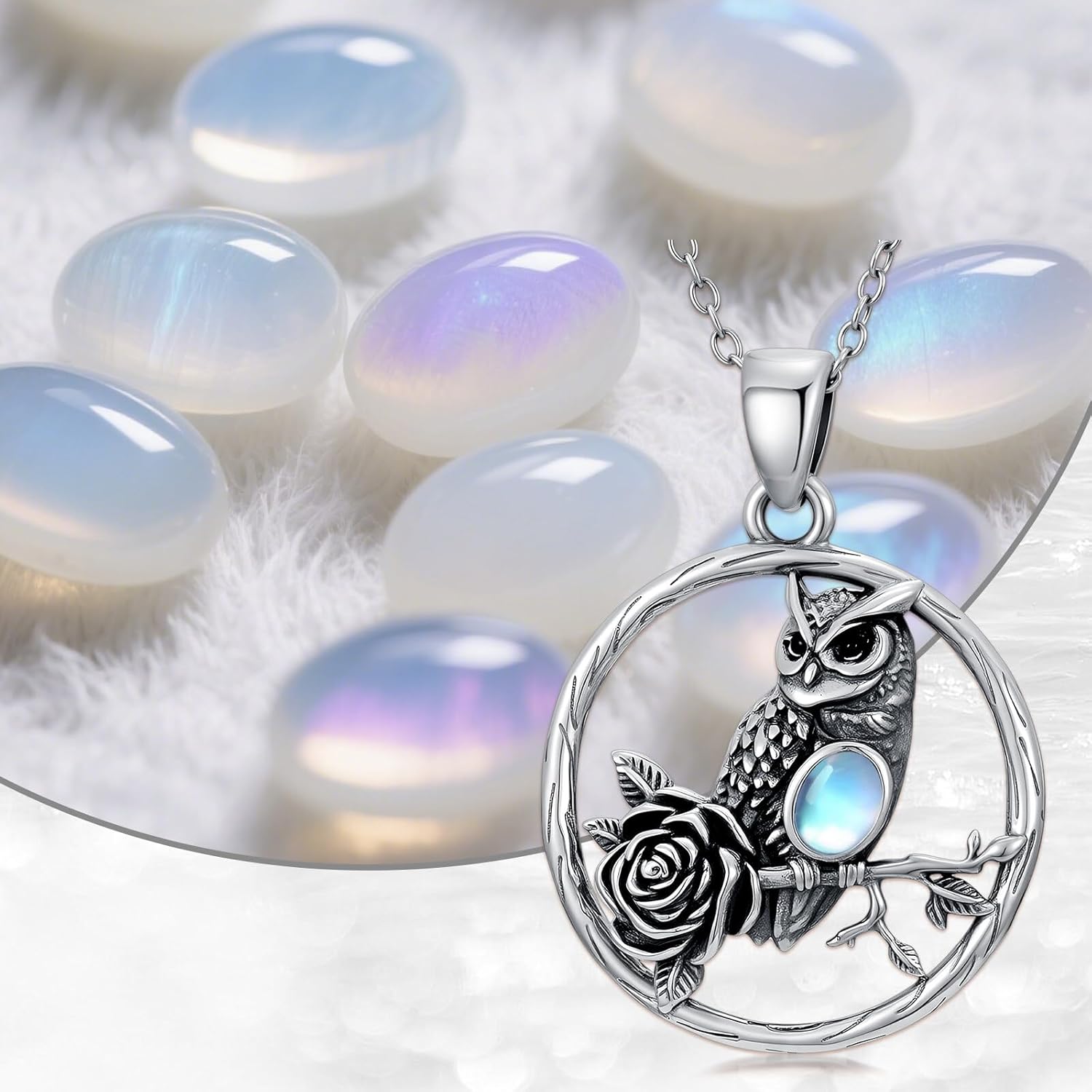 Owl Necklace for Women 925 Sterling Silver Moonstone Rose Flower Owl Pendant Ladies Jewelry Gifts - Image 5