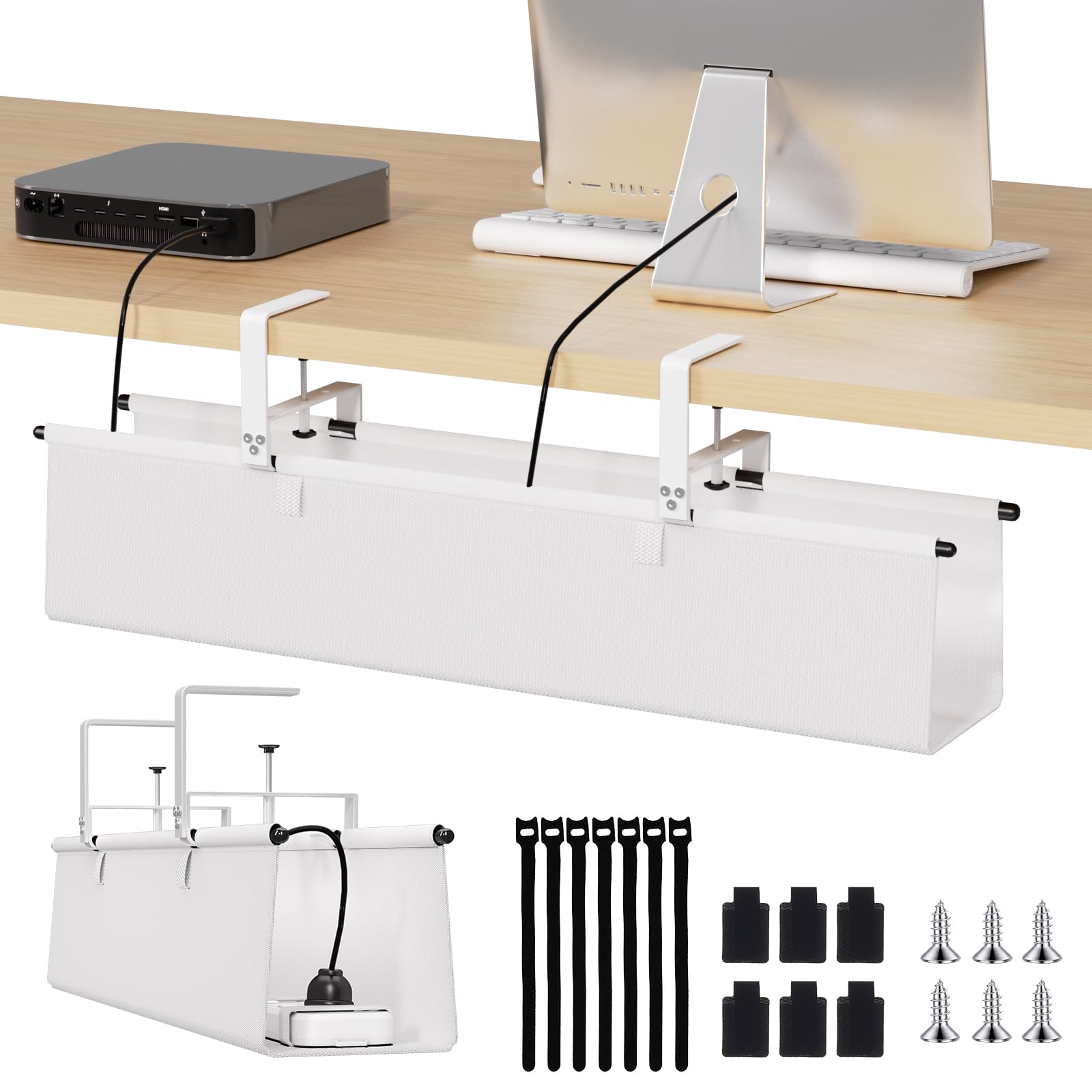 Under Desk Cable Management Tray, 28" Fabric Wire Cord Organizer, White