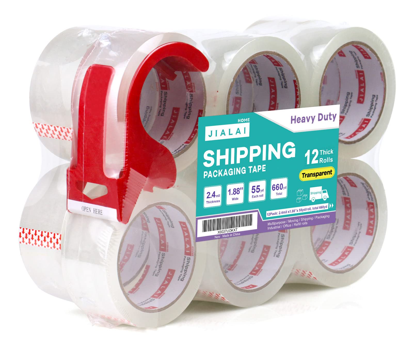 12 Packs Heavy Duty Packaging Tape 1.88in x 55yd,2.4mil Thick, Indrustrial Grade Transparent Packing Tape Rolls with 1 Refillable Dispenser for Carton Sealing,Moving,Shipping ，JIALAI HOME